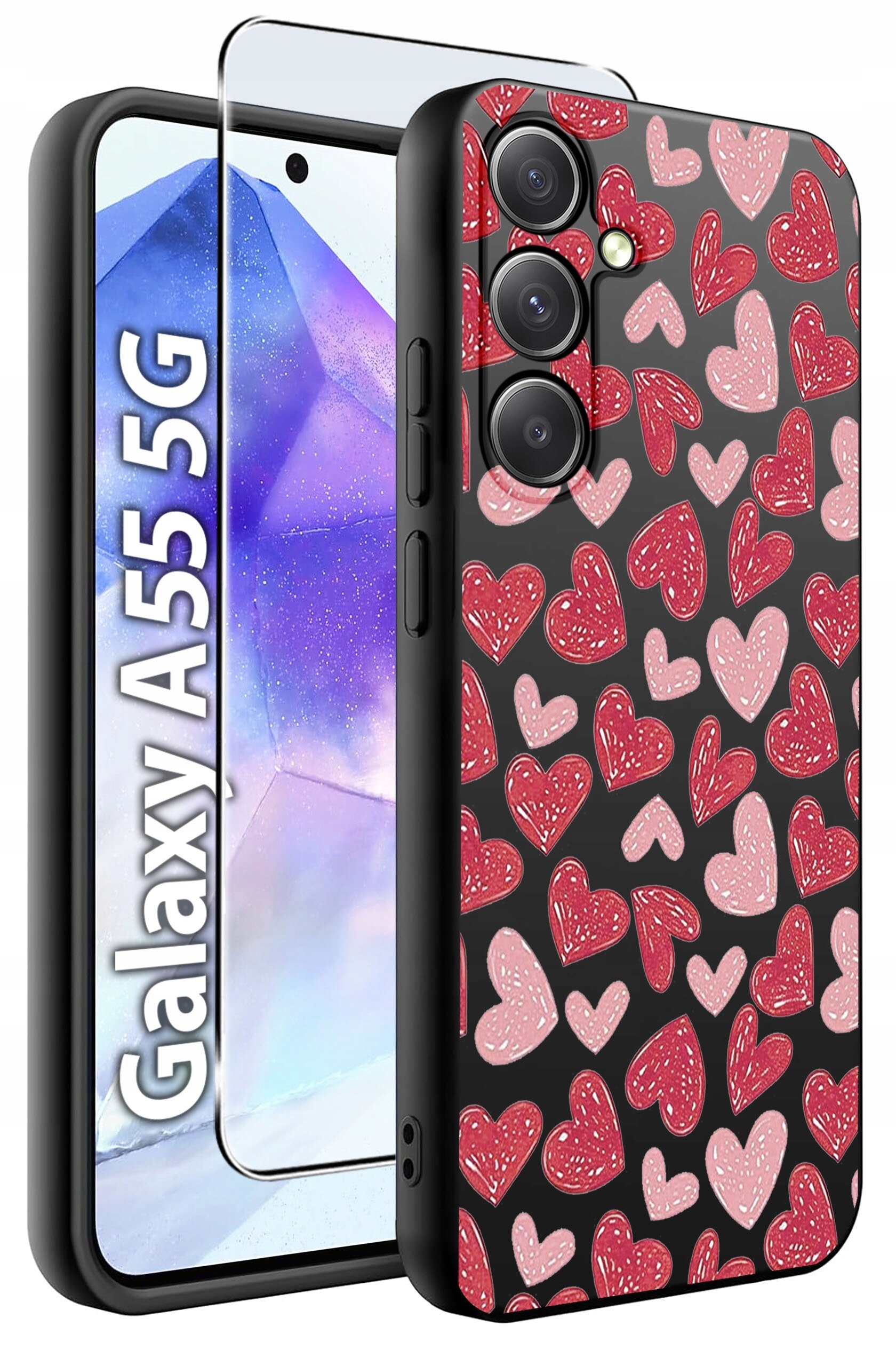 Obraz przedstawia etui na telefon z wzorem czerwonych i różowych serc na czarnym tle oraz szkło hartowane. Na ekranie telefonu widoczny jest napis \'Galaxy A55 5G\'.