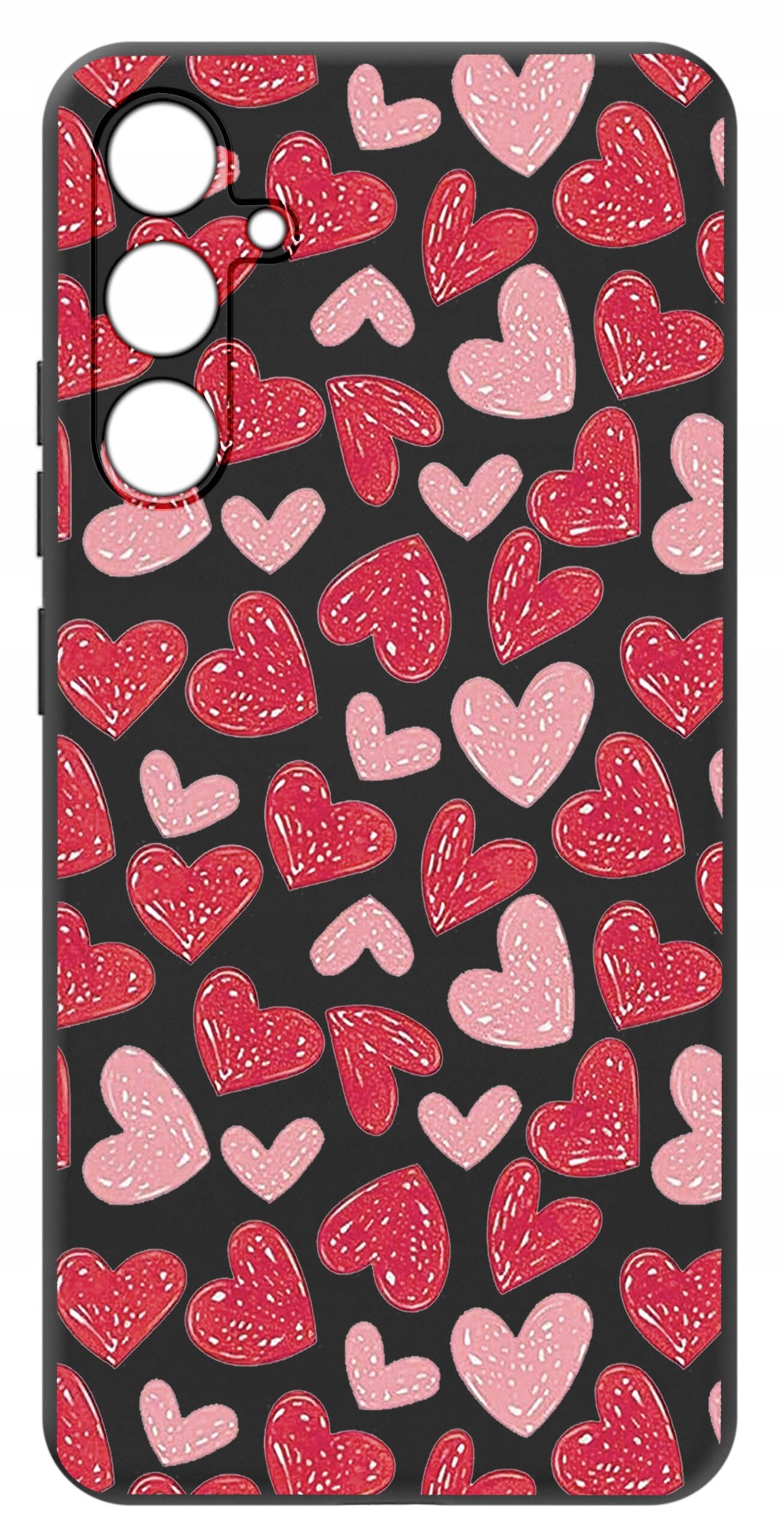 Etui na telefon z wzorem czerwonych i różowych serc na czarnym tle, z wycięciami na aparat i przyciski.