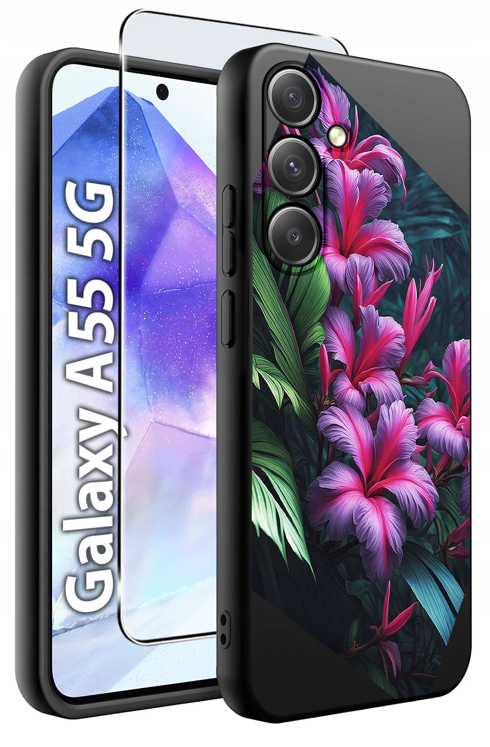 Obraz przedstawia etui na telefon z kolorowym wzorem kwiatowym oraz szkło hartowane. Widoczny jest napis \'Galaxy A55 5G\'.