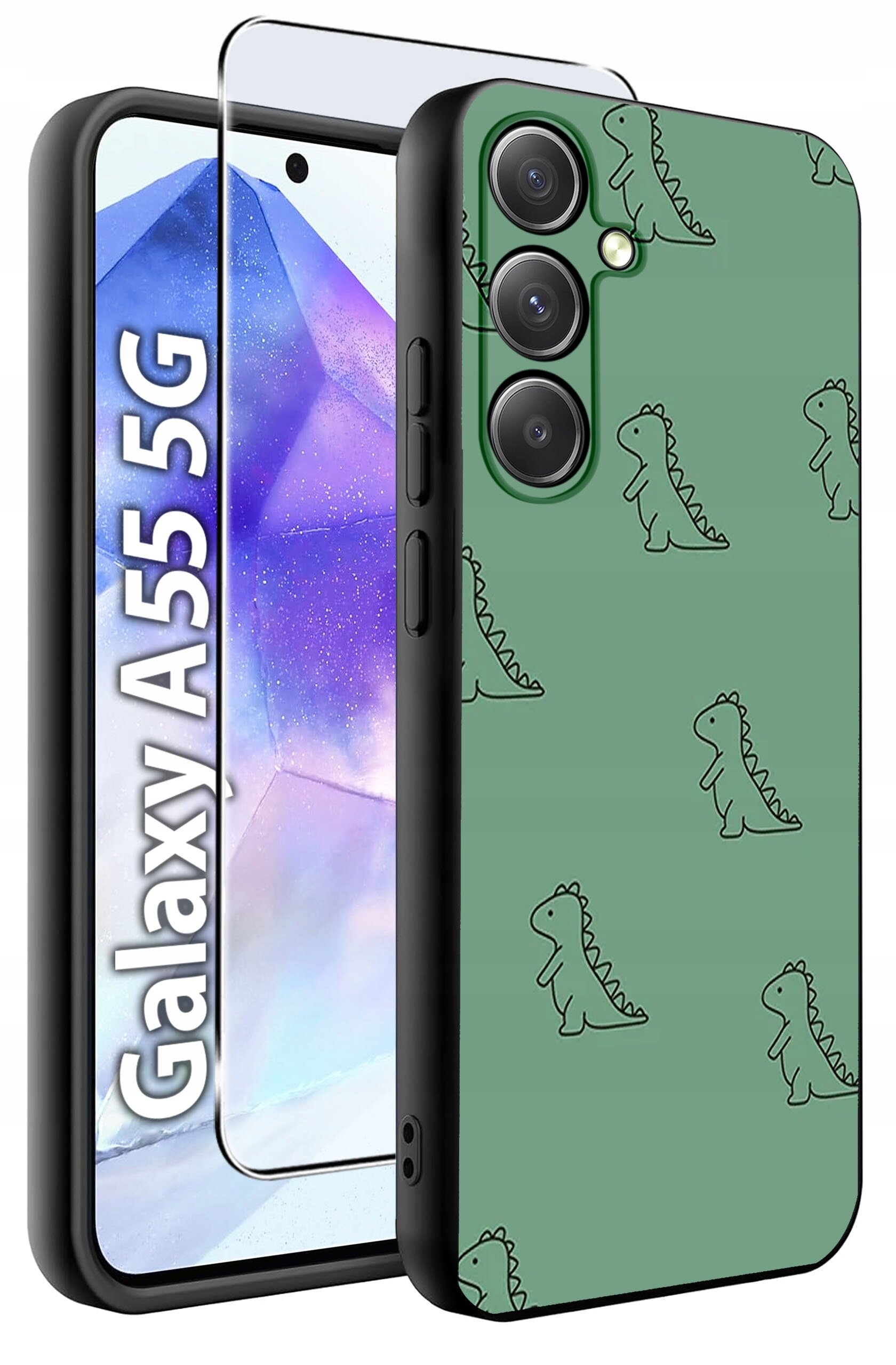Obraz przedstawia zielone etui na telefon z wzorem dinozaurów oraz szkło hartowane. Widoczny jest napis \'Galaxy A55 5G\'.