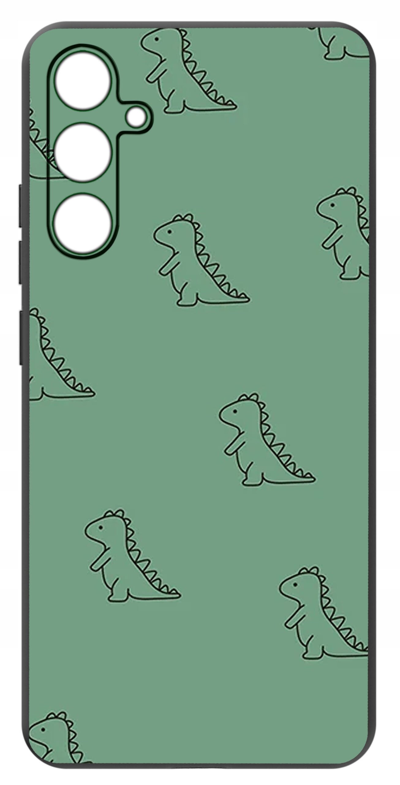Zielone etui na telefon z wzorem małych, czarnych dinozaurów. Etui ma wycięcia na trzy obiektywy aparatu.