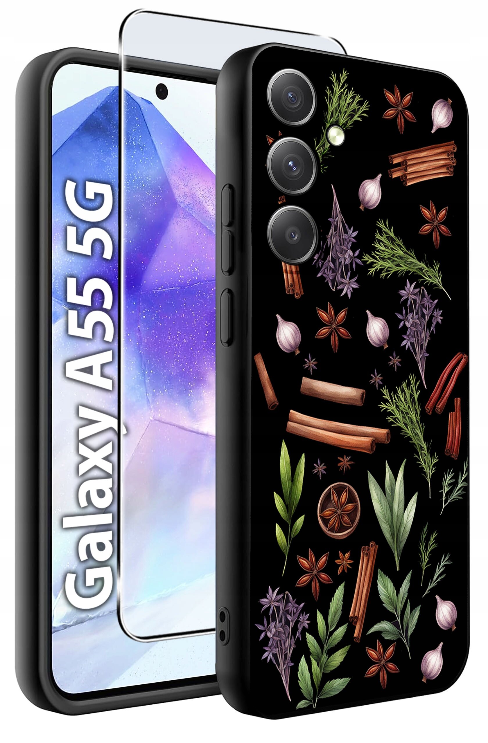 Obraz przedstawia etui na telefon z wzorem ziół i przypraw oraz szkło hartowane. Na ekranie telefonu widoczny jest napis \'Galaxy A55 5G\'.