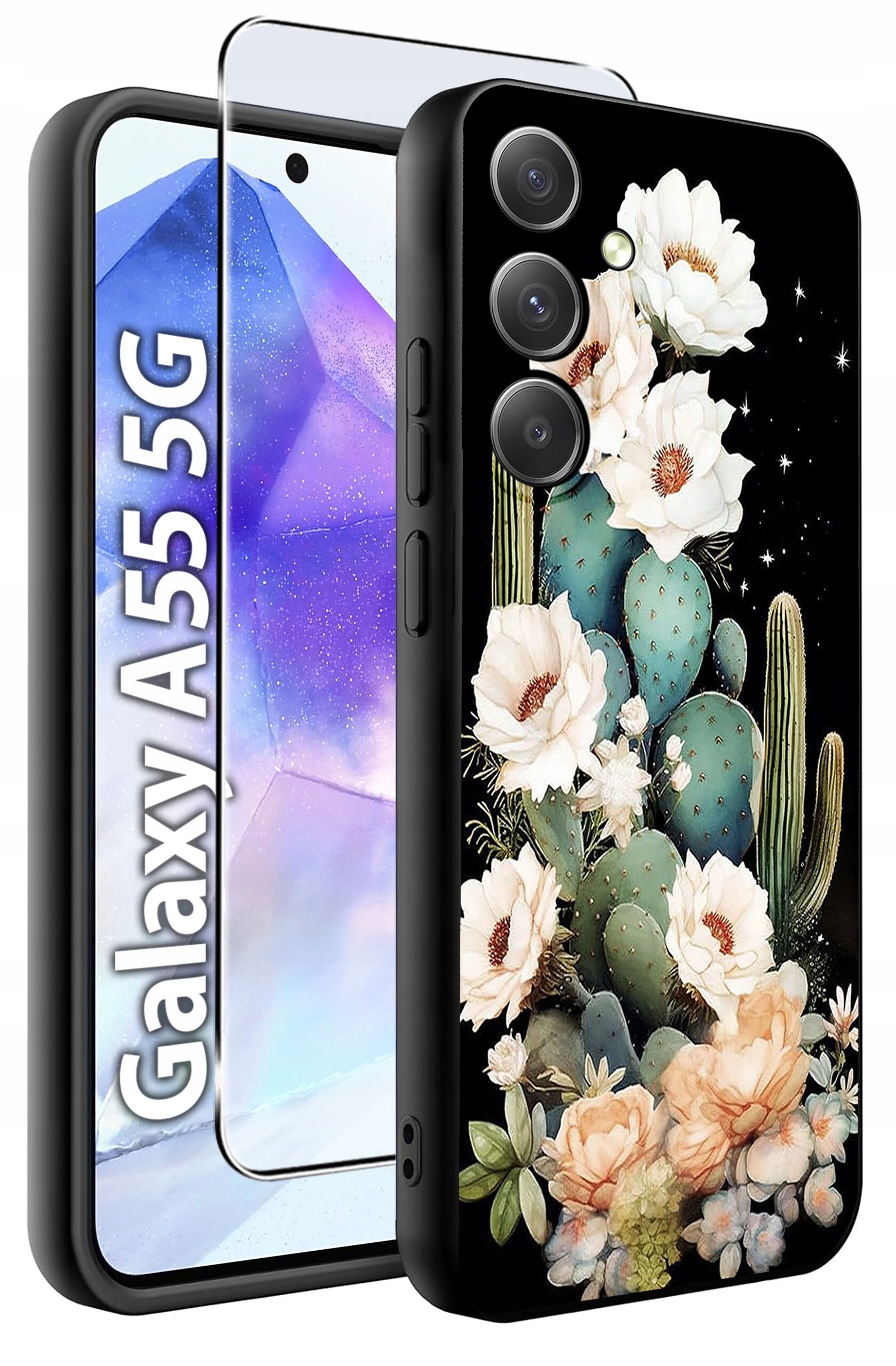 Obraz przedstawia etui na telefon z motywem kaktusów i kwiatów na czarnym tle oraz szkło hartowane. Widoczny jest napis \'Galaxy A55 5G\'.