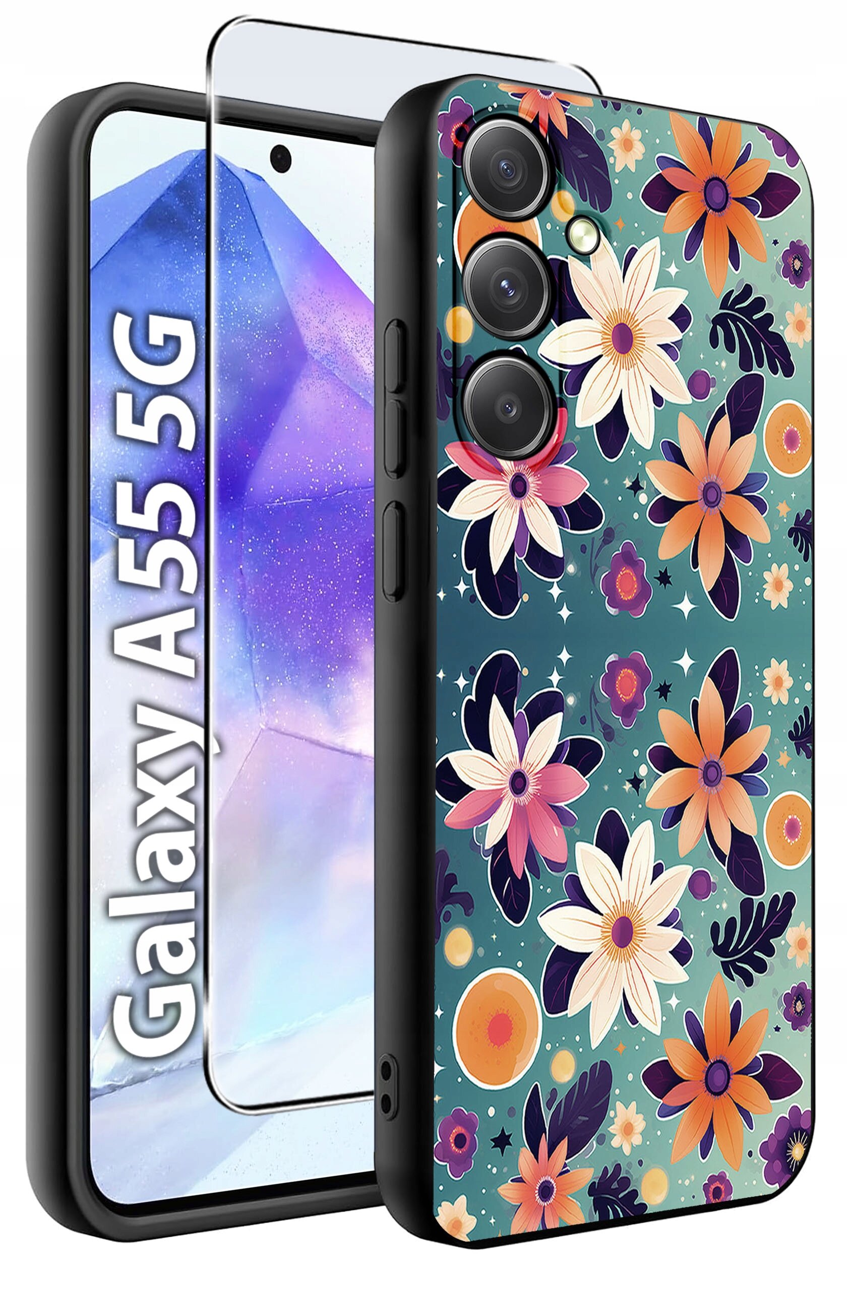 Etui na telefon z kolorowym wzorem kwiatowym, obok którego znajduje się szkło hartowane. Widoczny jest napis \'Galaxy A55 5G\'.