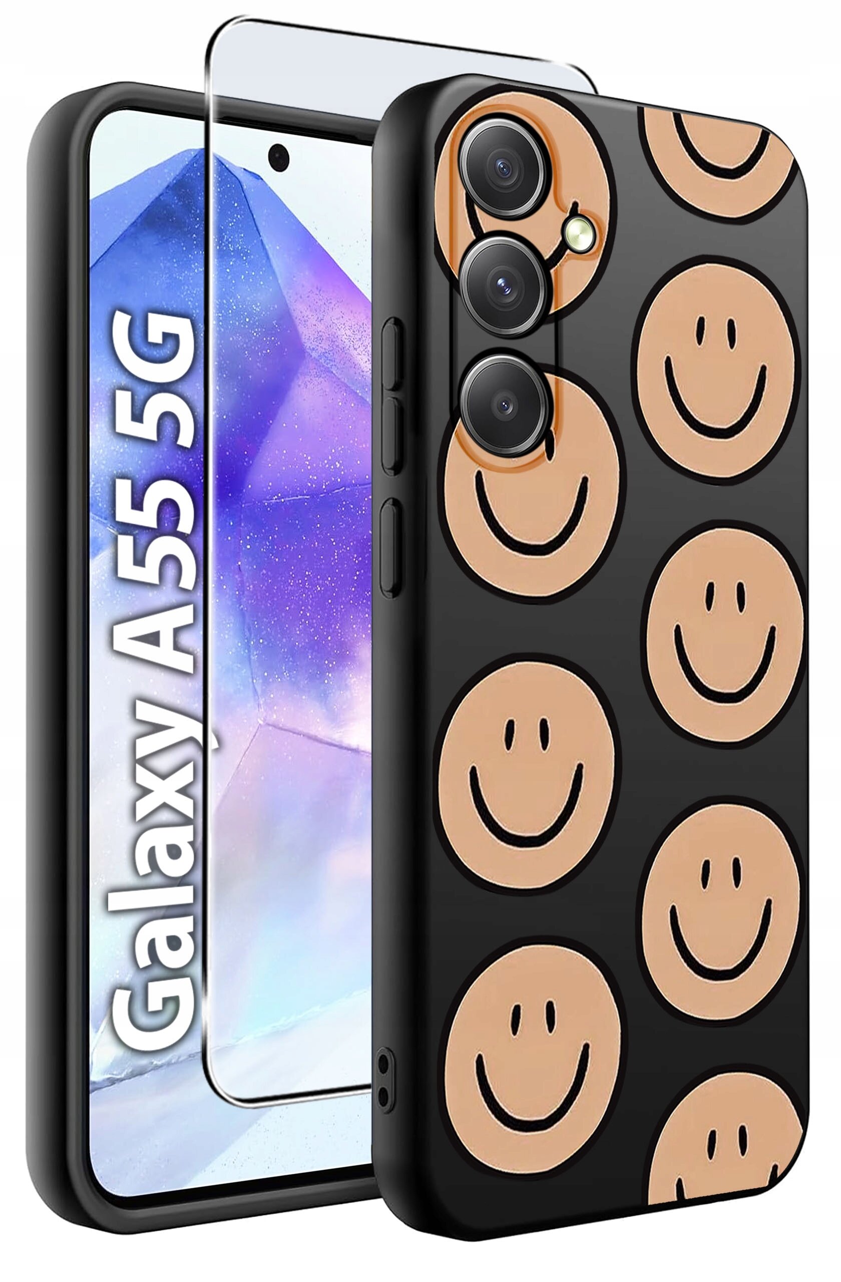 Etui na telefon z wzorem uśmiechniętych buziek, wykonane z czarnego materiału, obok którego znajduje się szkło hartowane. Na ekranie telefonu widoczny jest napis \'Galaxy A55 5G\'.