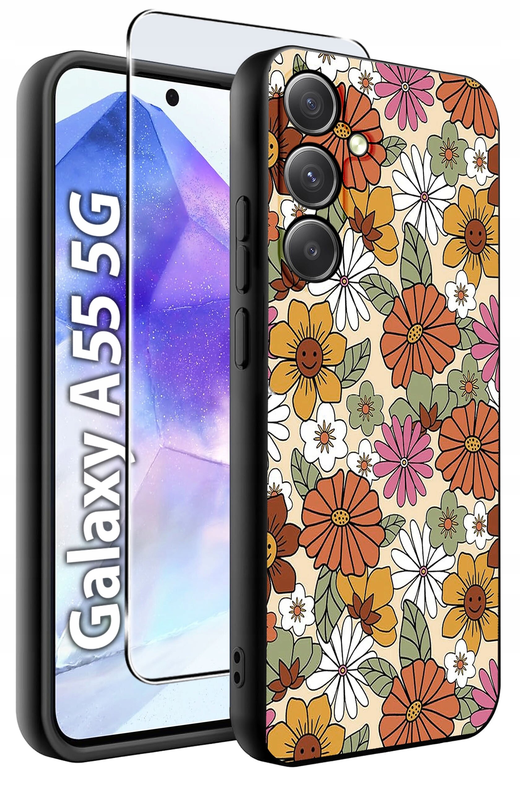 Etui na telefon z kolorowym wzorem kwiatów, obok którego znajduje się szkło hartowane. Widoczny napis: \'Galaxy A55 5G\'.