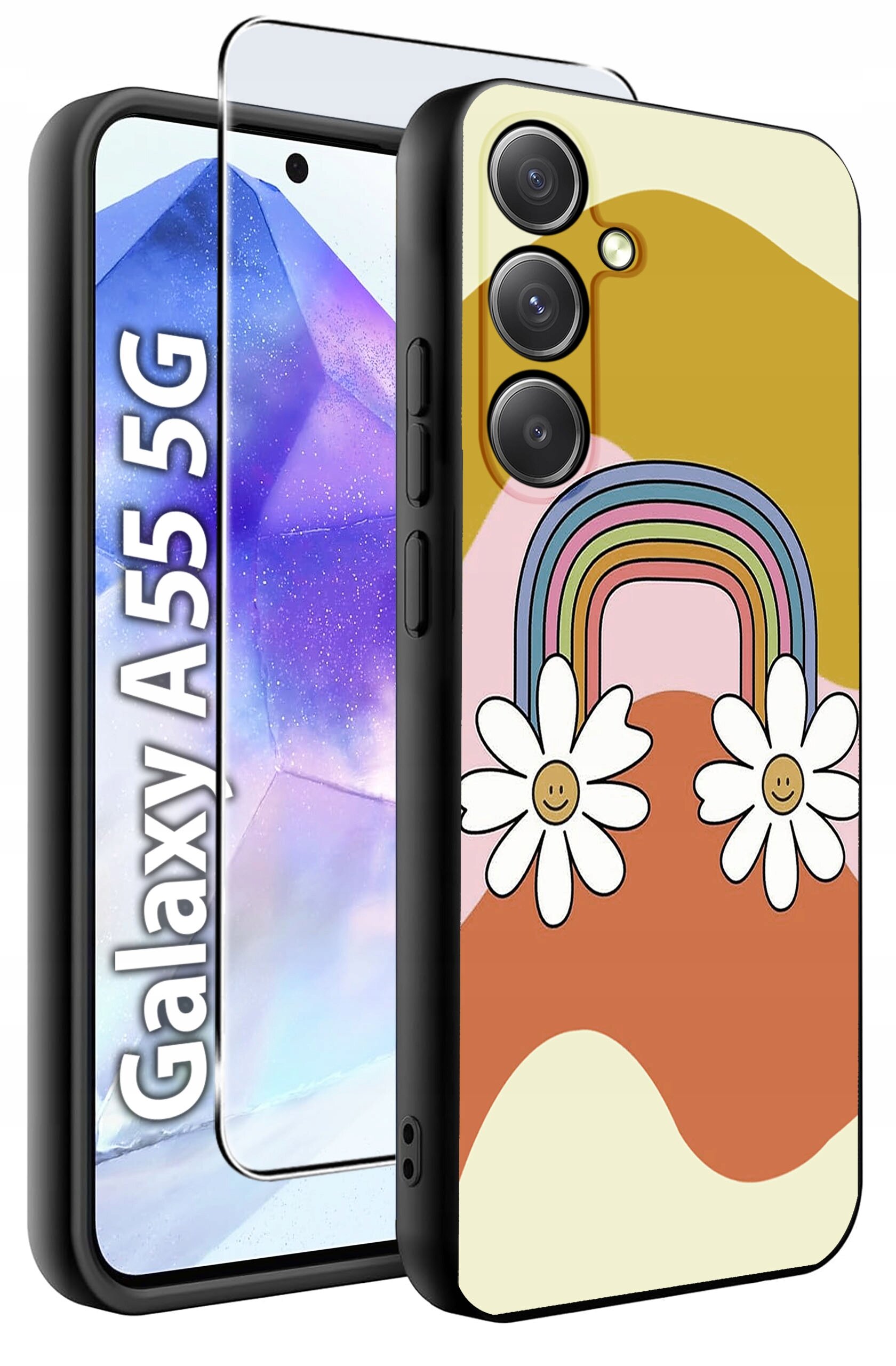 Etui na telefon z kolorowym wzorem tęczy i kwiatów oraz szkło hartowane. Widoczny napis: \'Galaxy A55 5G\'.