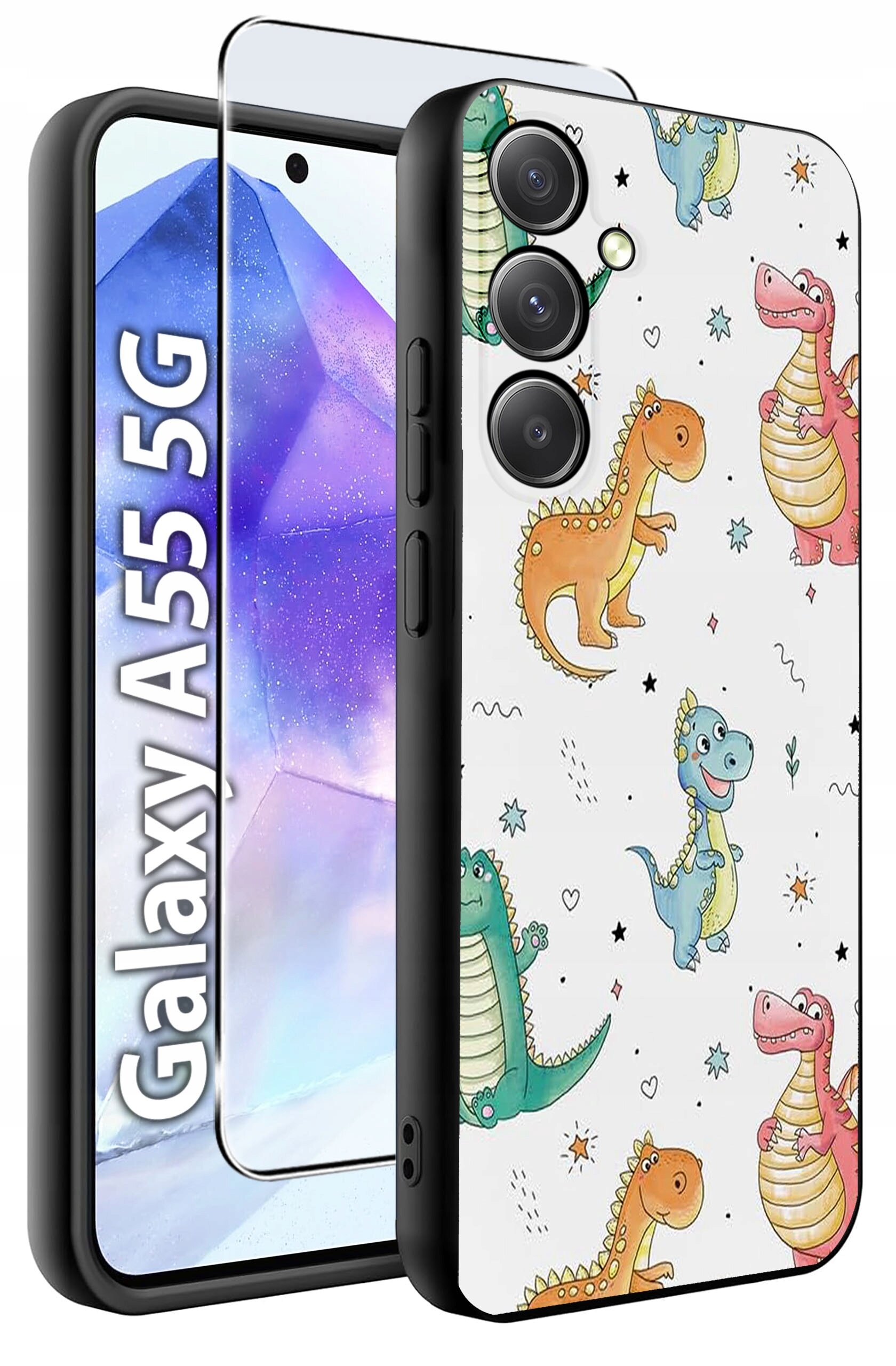 Etui na telefon z kolorowymi wzorami dinozaurów oraz szkło hartowane. Widoczny napis: \'Galaxy A55 5G\'.