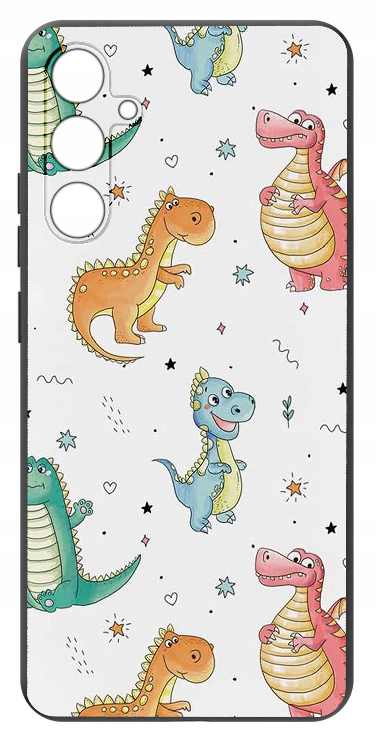 Etui na telefon z kolorowym wzorem przedstawiającym różnobarwne dinozaury na białym tle, z wycięciami na aparat i przyciski.