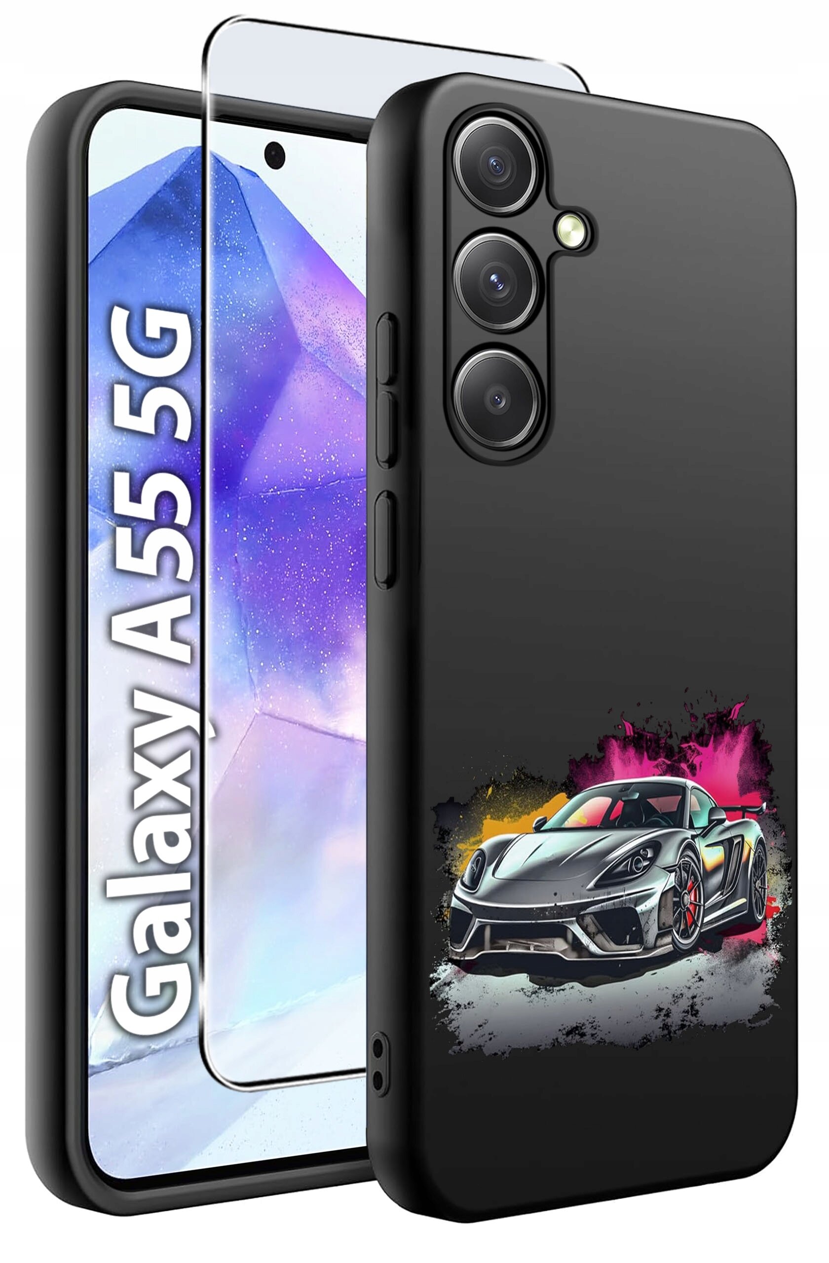 Obraz przedstawia czarne etui na telefon z kolorowym nadrukiem samochodu sportowego oraz szkło hartowane. Widoczny jest napis \'Galaxy A55 5G\'.