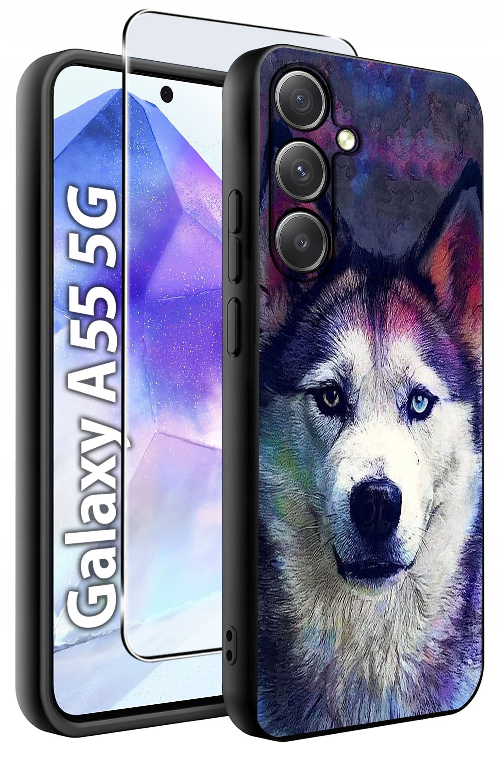 Obraz przedstawia etui na telefon z kolorowym wzorem psa oraz szkło hartowane. Widoczny jest napis \'Galaxy A55 5G\'.