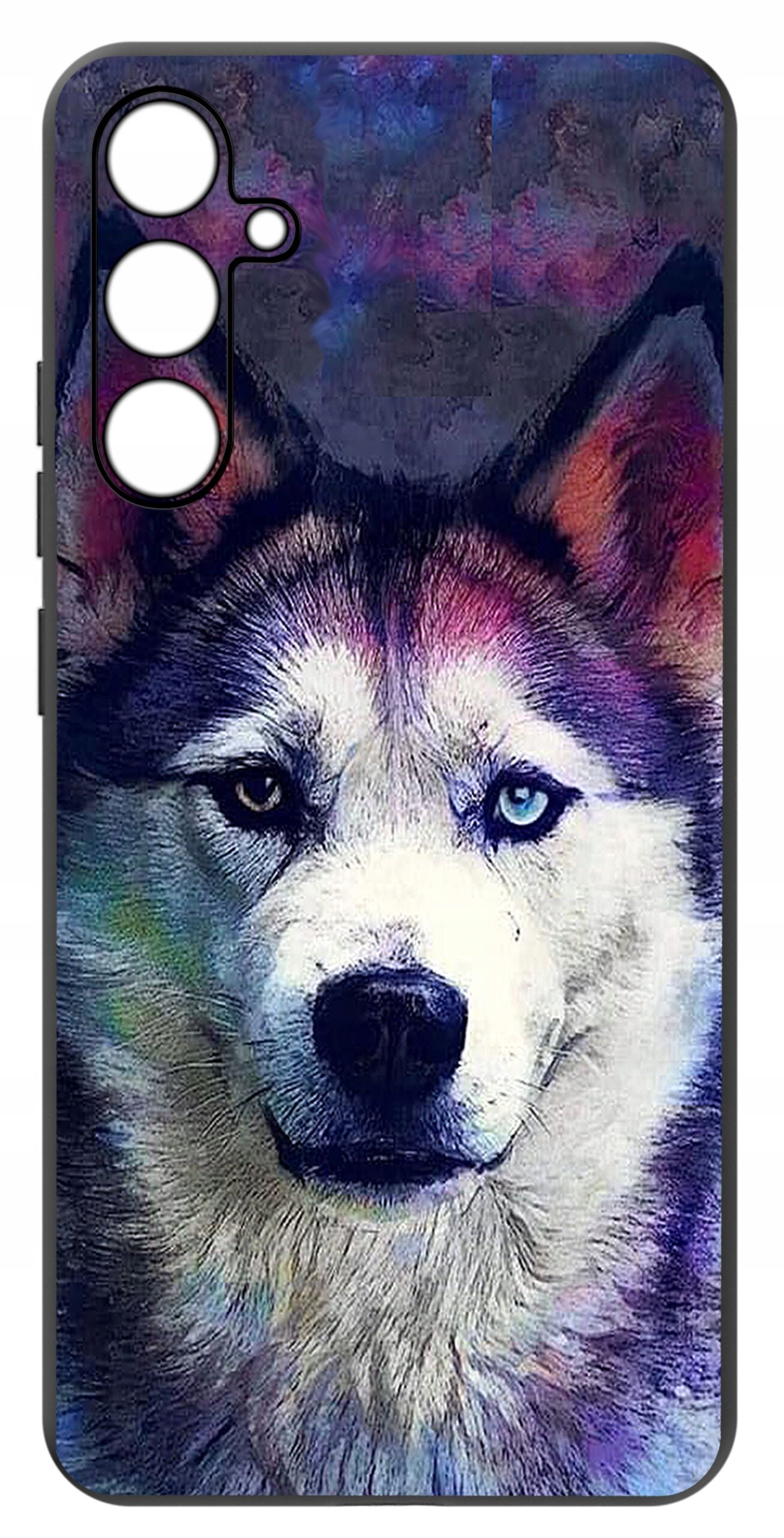 Etui na telefon z nadrukiem przedstawiającym kolorowy portret psa z różnobarwnym tłem. Etui ma wycięcia na aparat i przyciski boczne.