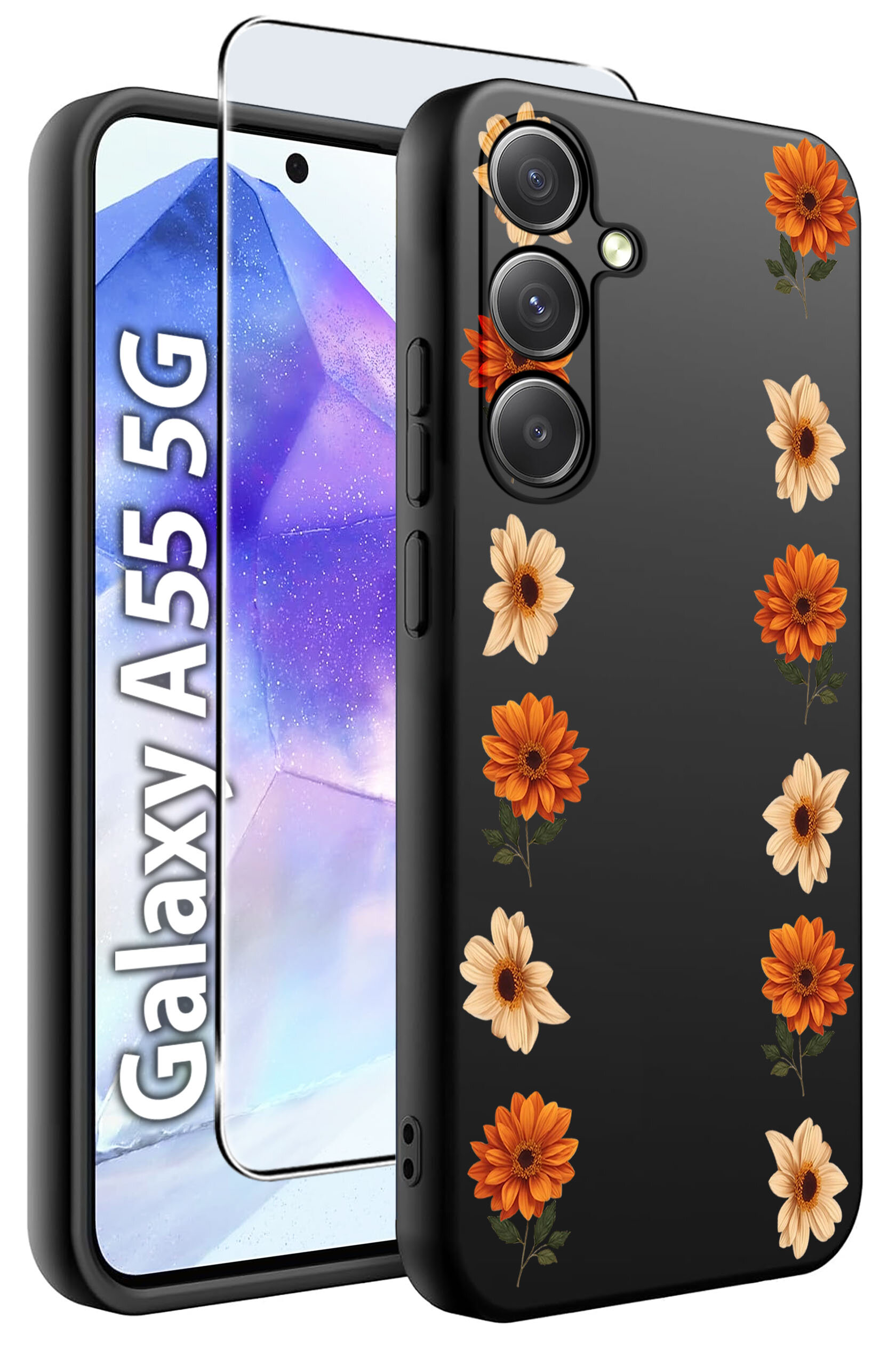 Obraz przedstawia czarne etui na telefon z wzorem pomarańczowych i beżowych kwiatów oraz szkło hartowane. Widoczny jest napis \'Galaxy A55 5G\'.