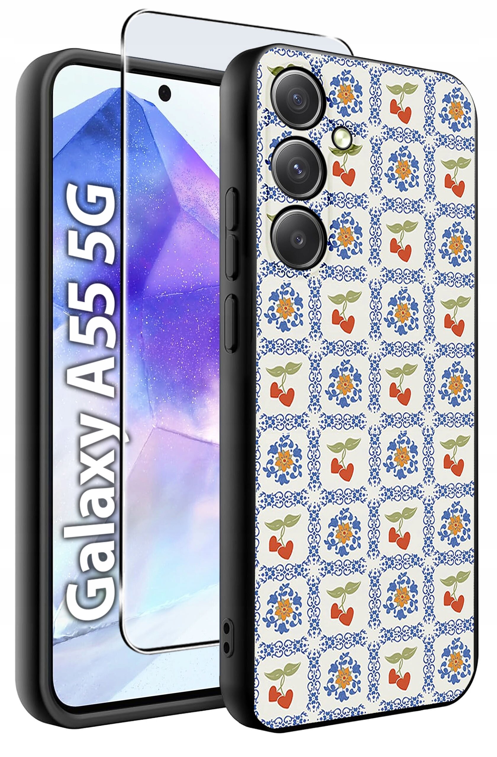Obraz przedstawia etui na telefon z wzorem w kwiaty i owoce oraz szkło hartowane. Obok widoczny jest napis \'Galaxy A55 5G\'.