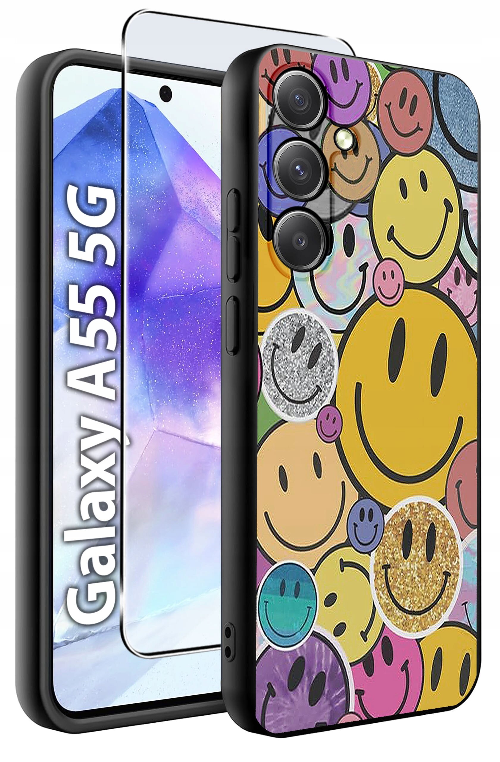 Obraz przedstawia etui na telefon z kolorowymi wzorami uśmiechniętych buziek oraz szkło hartowane. Obok widoczny jest napis \'Galaxy A55 5G\'.