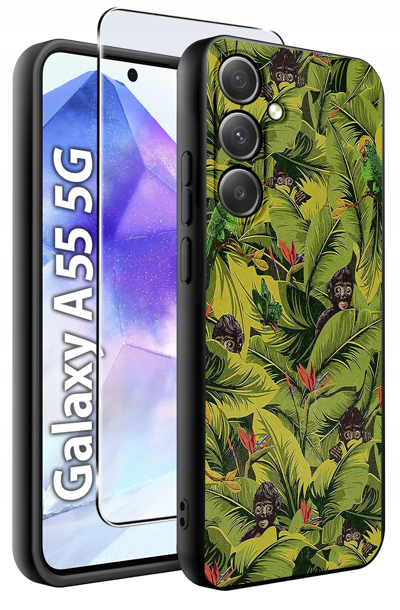 Etui na telefon z motywem tropikalnym, przedstawiającym zielone liście i małpy, obok szkło hartowane. Widoczny napis: \'Galaxy A55 5G\'.