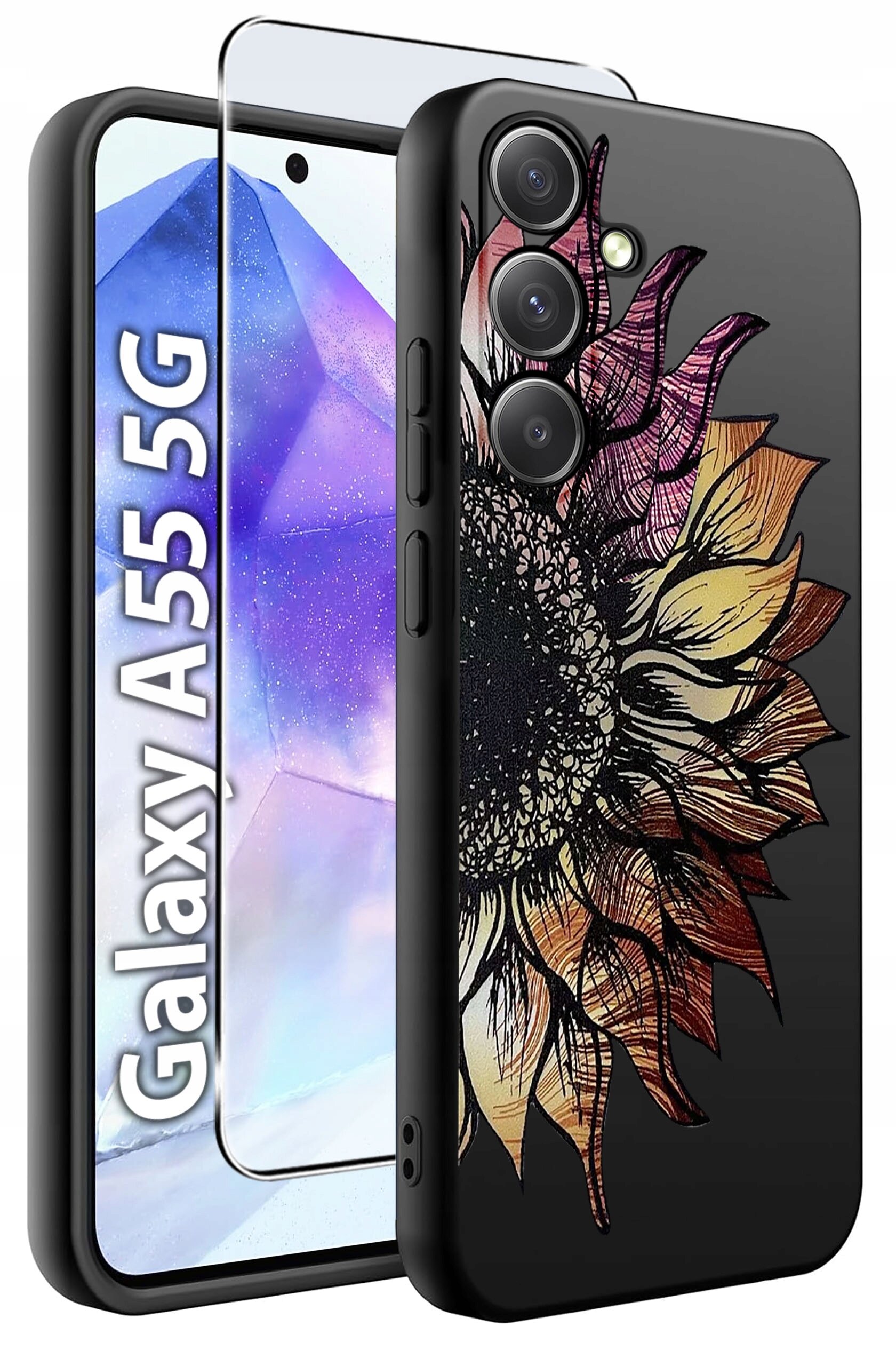 Obraz przedstawia etui na telefon z wzorem słonecznika oraz szkło hartowane. Na ekranie telefonu widoczny jest napis \'Galaxy A55 5G\'.