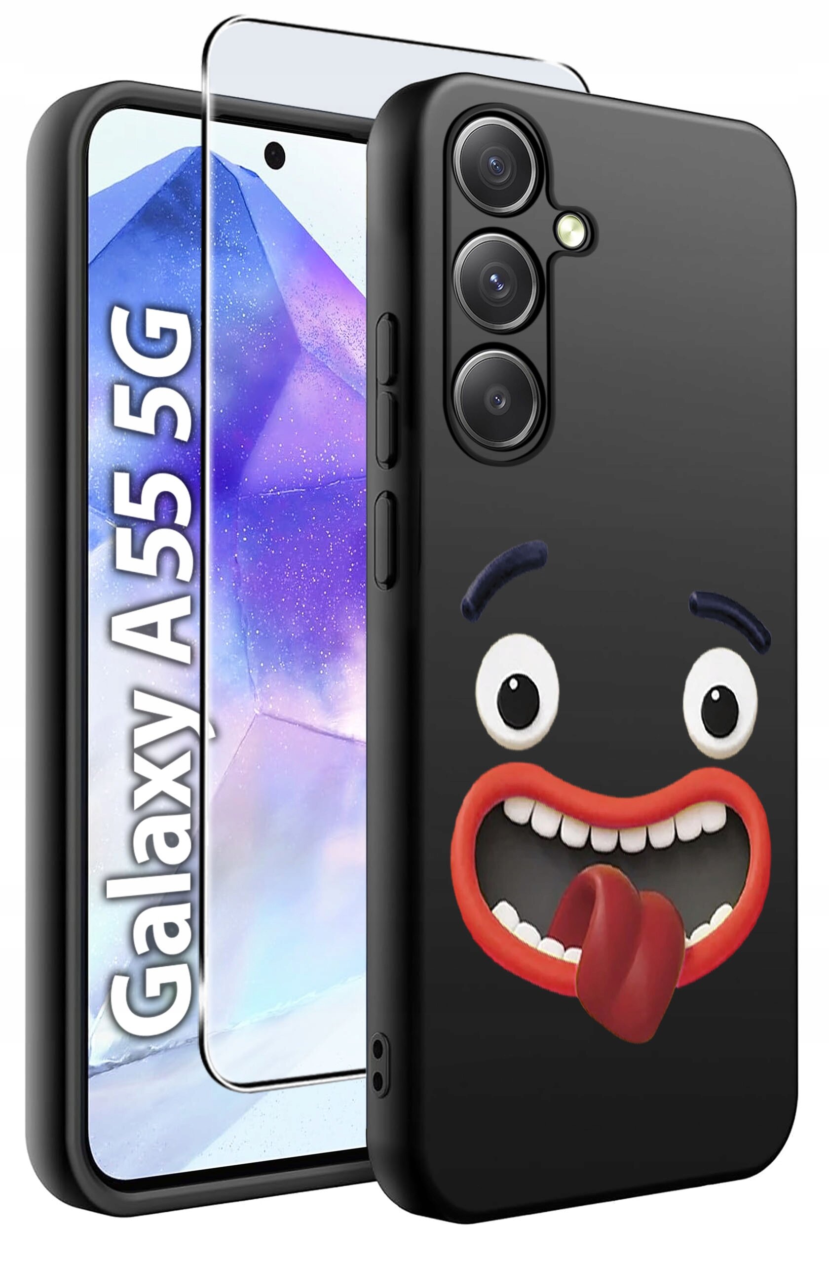 Obraz przedstawia czarne etui na telefon z nadrukiem uśmiechniętej twarzy z wystawionym językiem. Obok etui widoczny jest telefon z napisem \'Galaxy A55 5G\' oraz szkło hartowane.