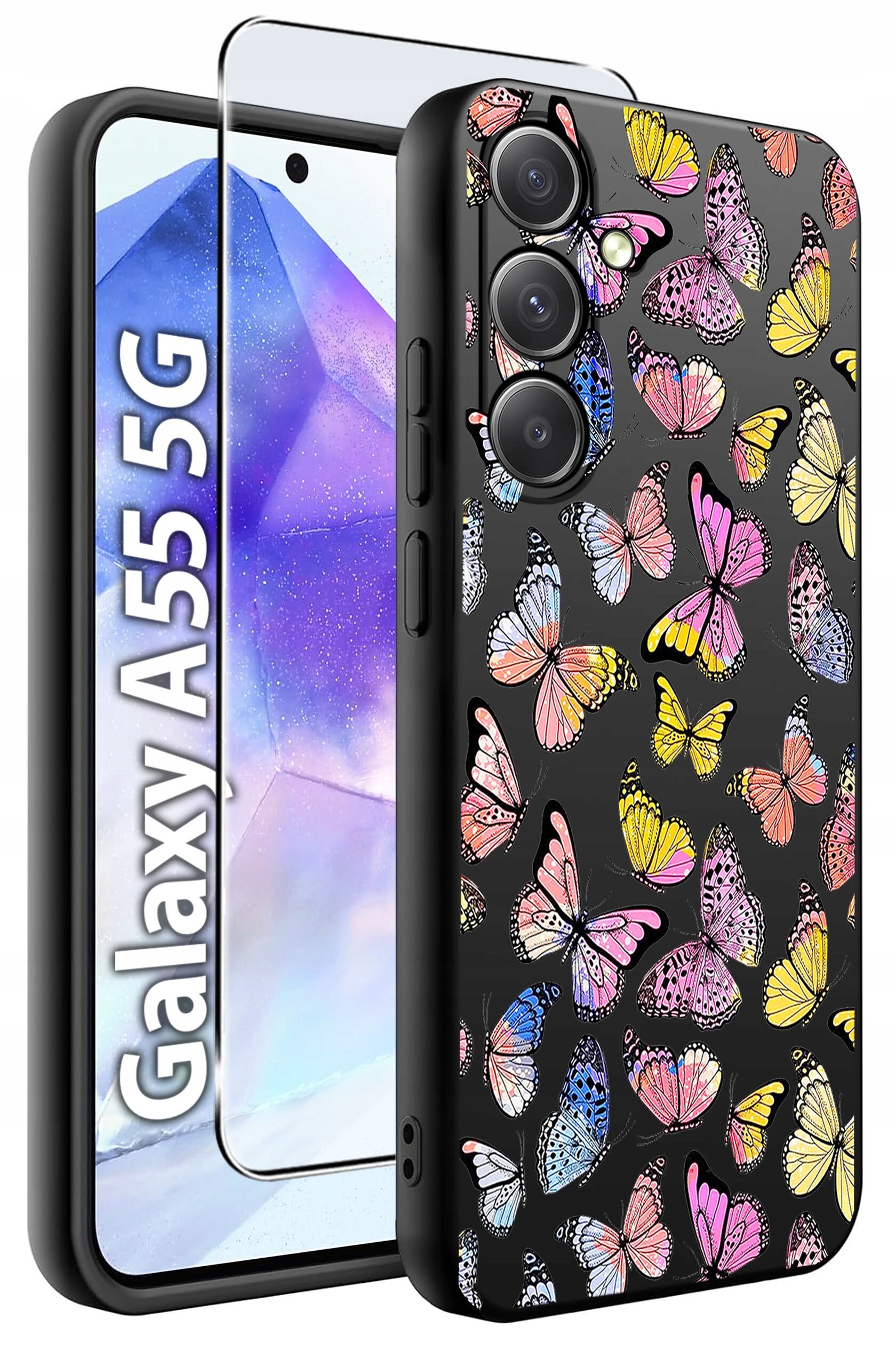 Etui na telefon z kolorowym wzorem motyli oraz szkło hartowane, przeznaczone dla modelu Galaxy A55 5G. Na etui widoczne są różnobarwne motyle na czarnym tle.
