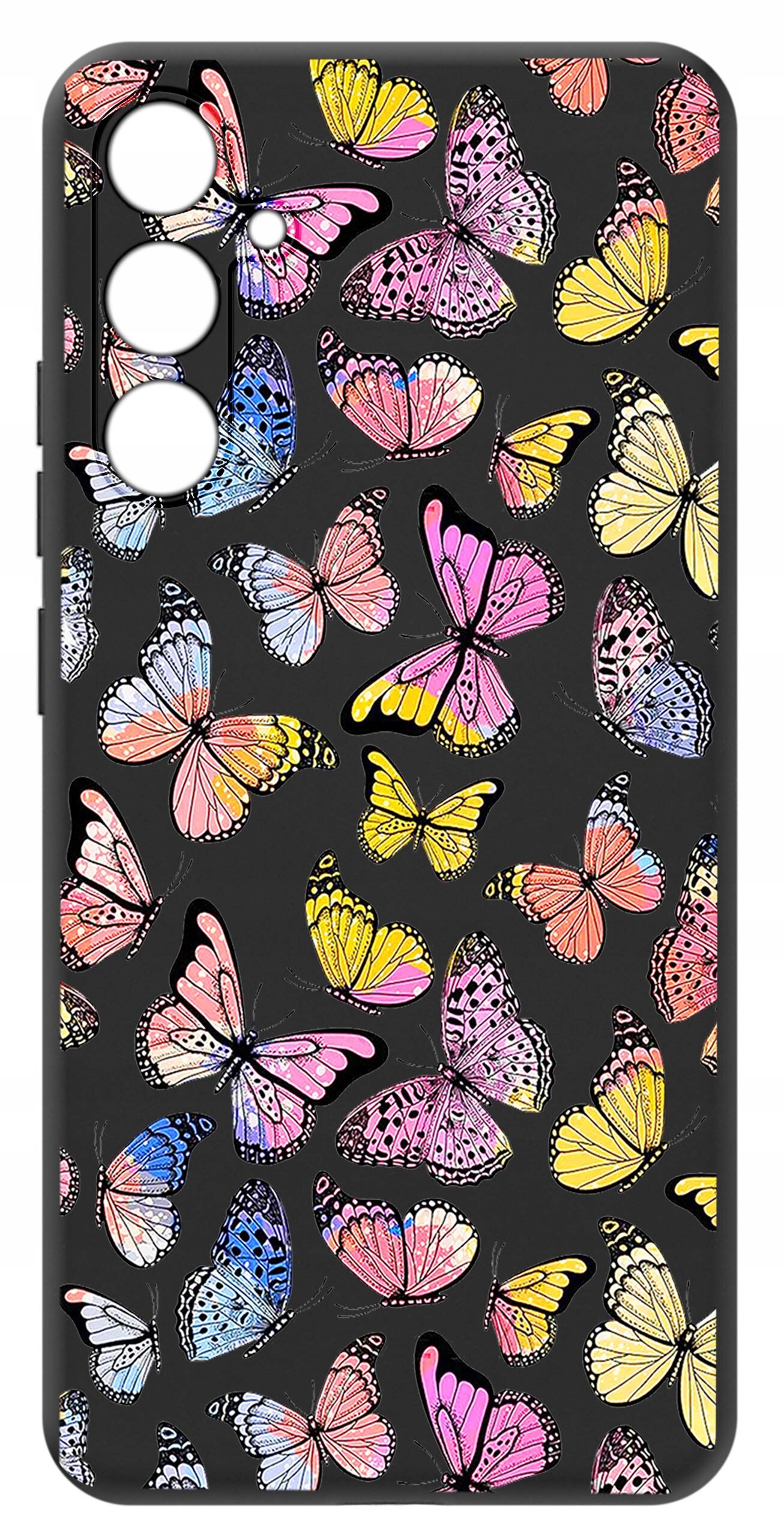 Etui na telefon z kolorowym wzorem motyli na czarnym tle, z trzema otworami na aparat.