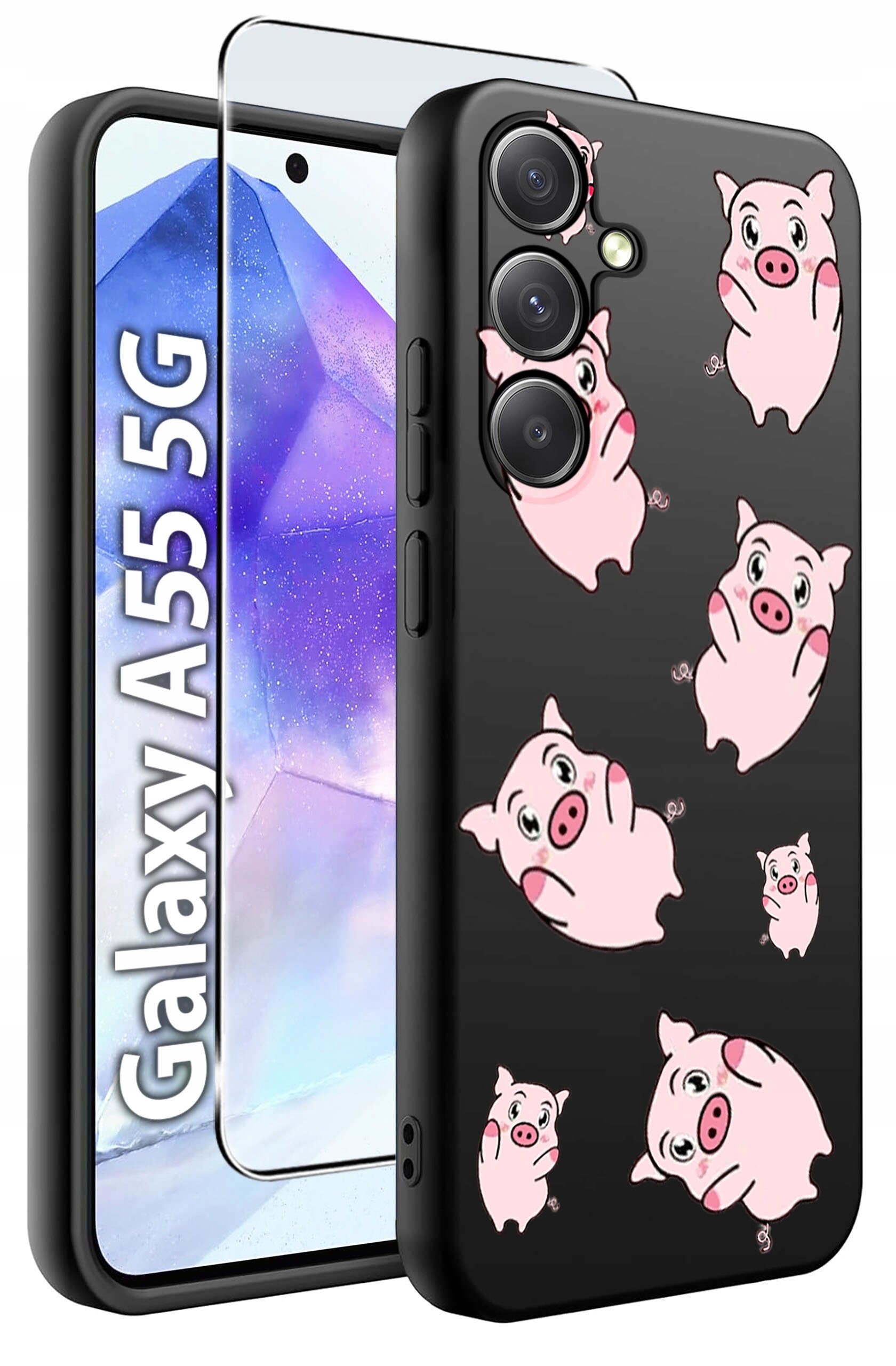 Etui na telefon z czarnym tłem ozdobione wzorami różowych świnek oraz szkło hartowane. Obok widoczny napis \'Galaxy A55 5G\'.
