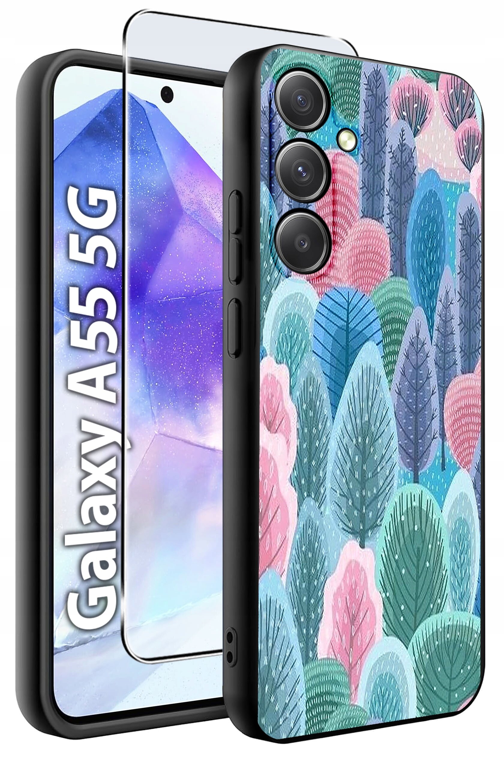 Etui na telefon z kolorowym wzorem drzew w pastelowych odcieniach oraz szkło hartowane. Widoczny napis: \'Galaxy A55 5G\'.