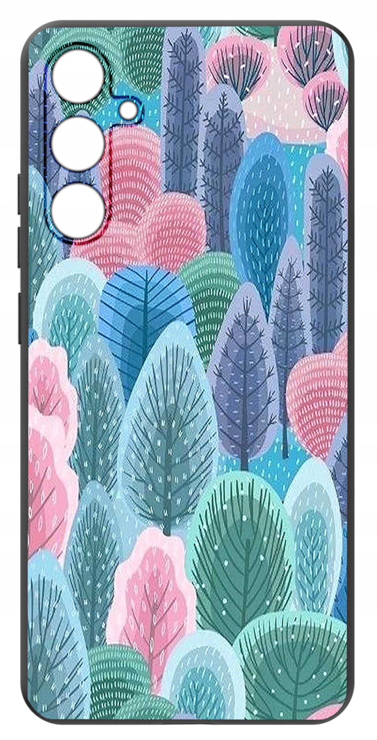 Etui na telefon z kolorowym wzorem przedstawiającym różnorodne drzewa w odcieniach różu, niebieskiego i zieleni. Etui ma wycięcia na aparat i przyciski.