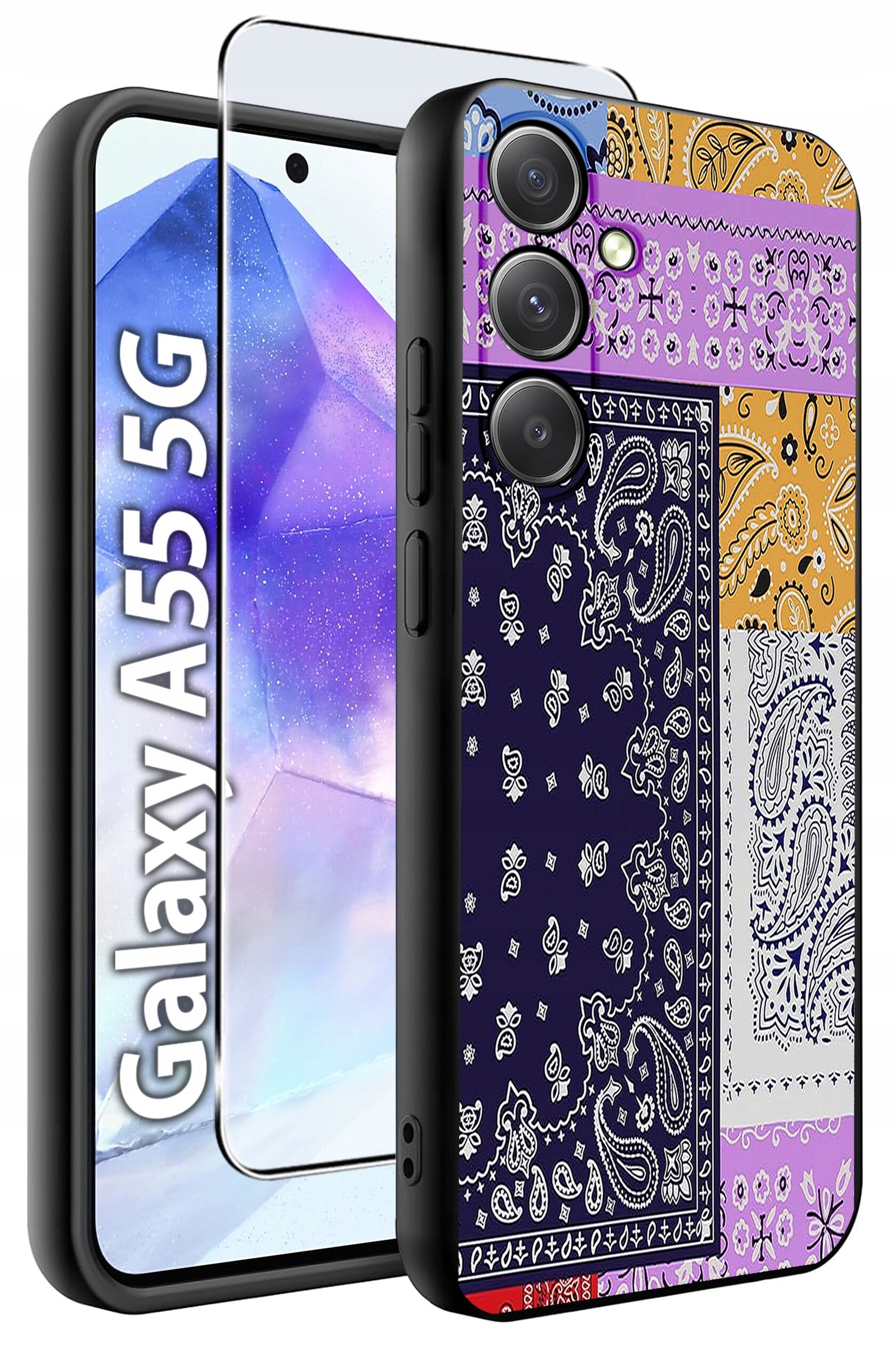 Obraz przedstawia etui na telefon z kolorowym wzorem paisley oraz szkło hartowane. Na ekranie telefonu widoczny jest napis \'Galaxy A55 5G\'.