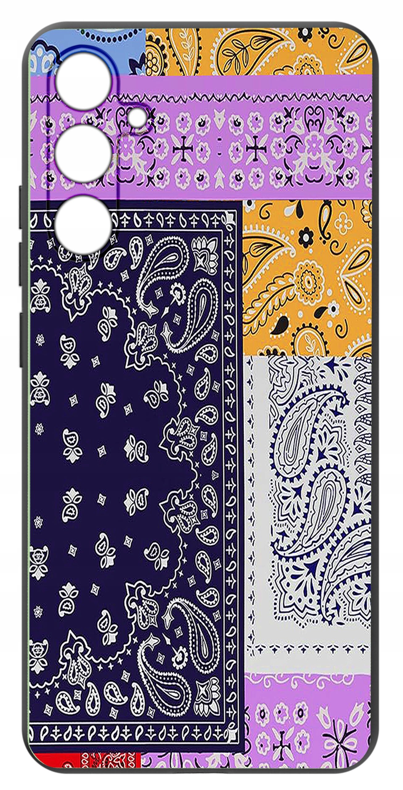Etui na telefon z kolorowym wzorem paisley w odcieniach fioletu, pomarańczu, granatu i bieli. Wzór składa się z różnych sekcji z motywami kwiatowymi i geometrycznymi.