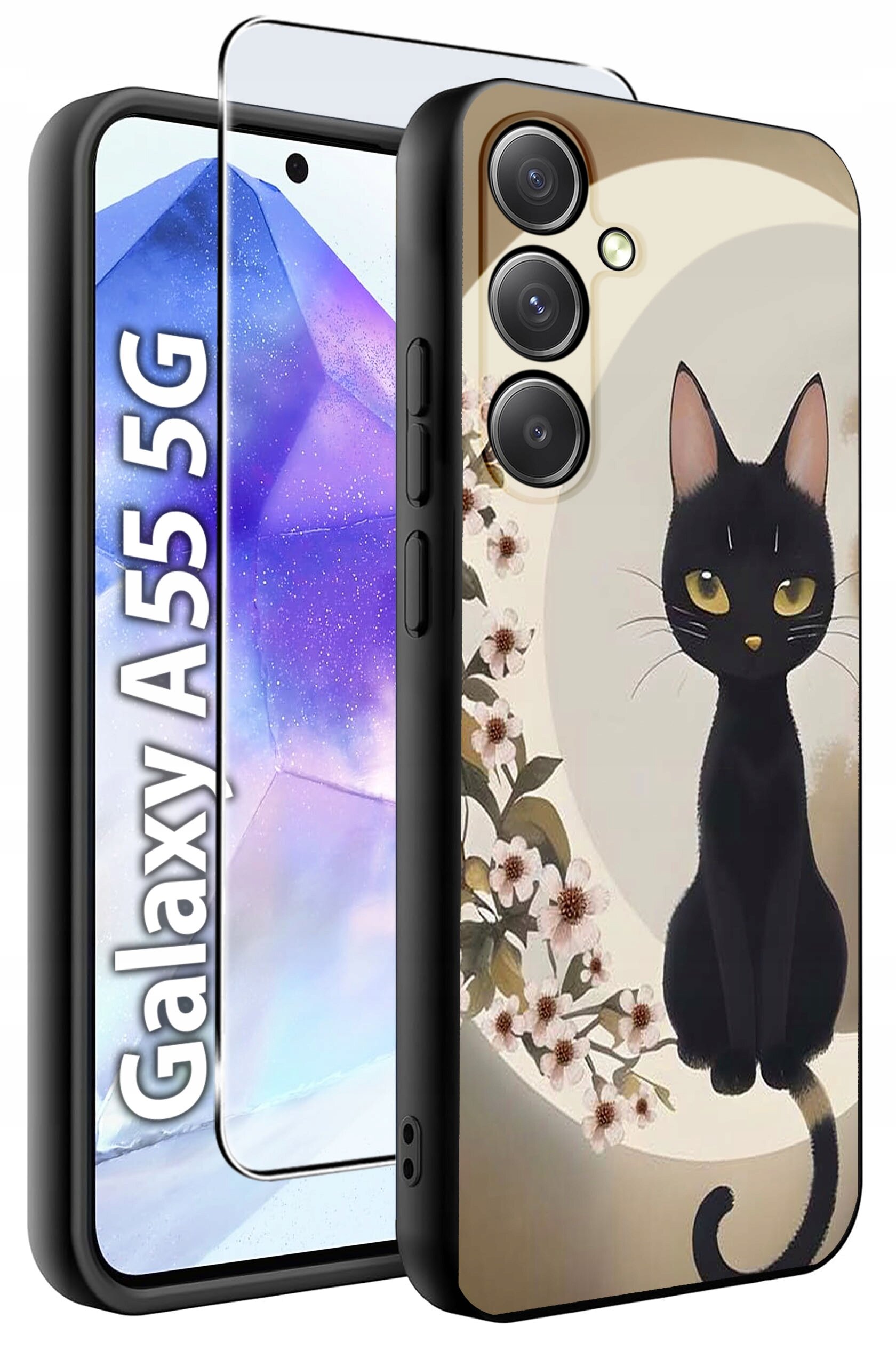Obraz przedstawia etui na telefon z grafiką czarnego kota na tle kwiatów. Obok widoczny jest napis \'Galaxy A55 5G\' oraz szkło hartowane na ekran.
