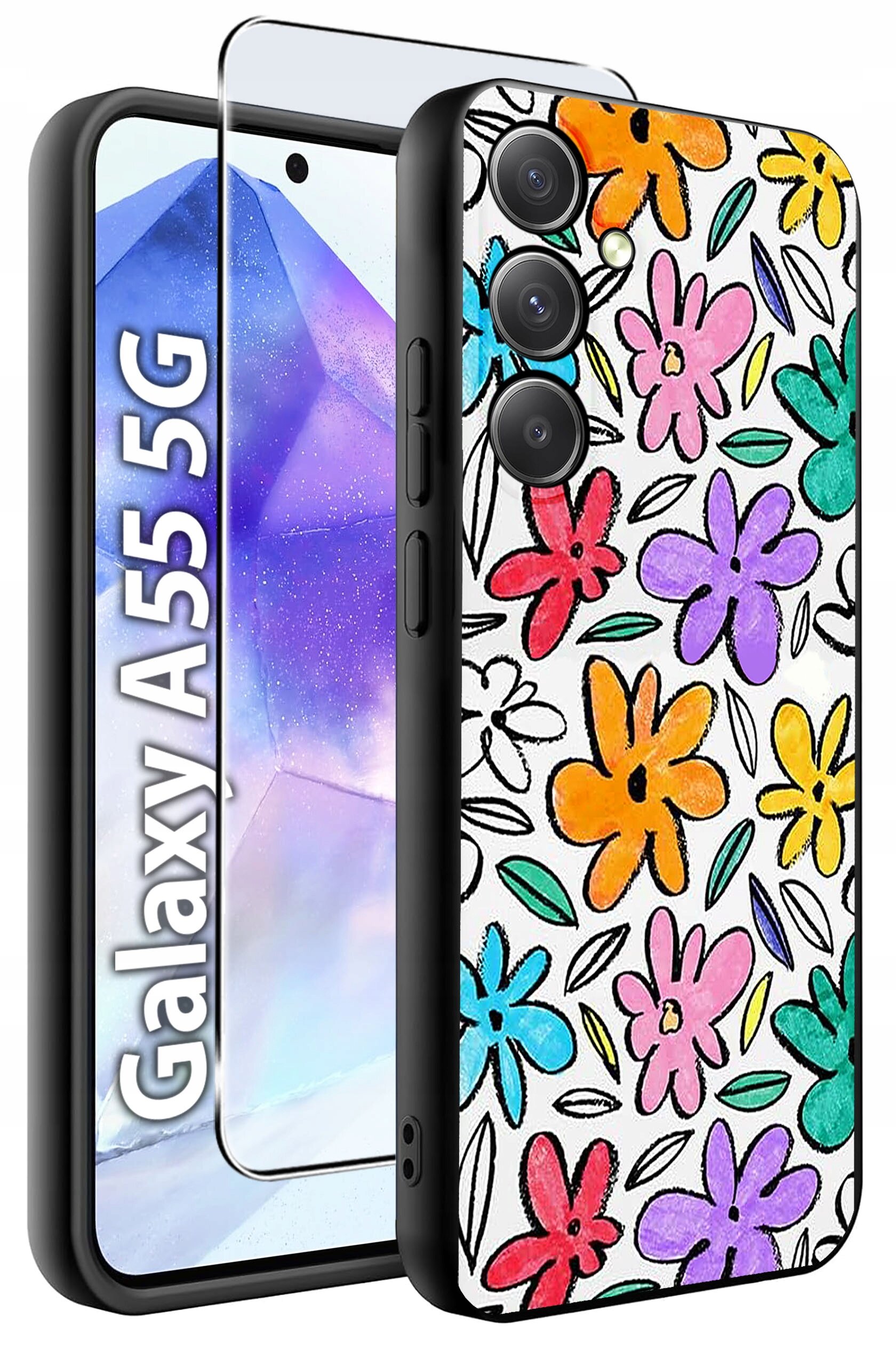 Etui na telefon z kolorowym wzorem kwiatów w różnych odcieniach oraz szkło hartowane. Widoczny napis: \'Galaxy A55 5G\'.