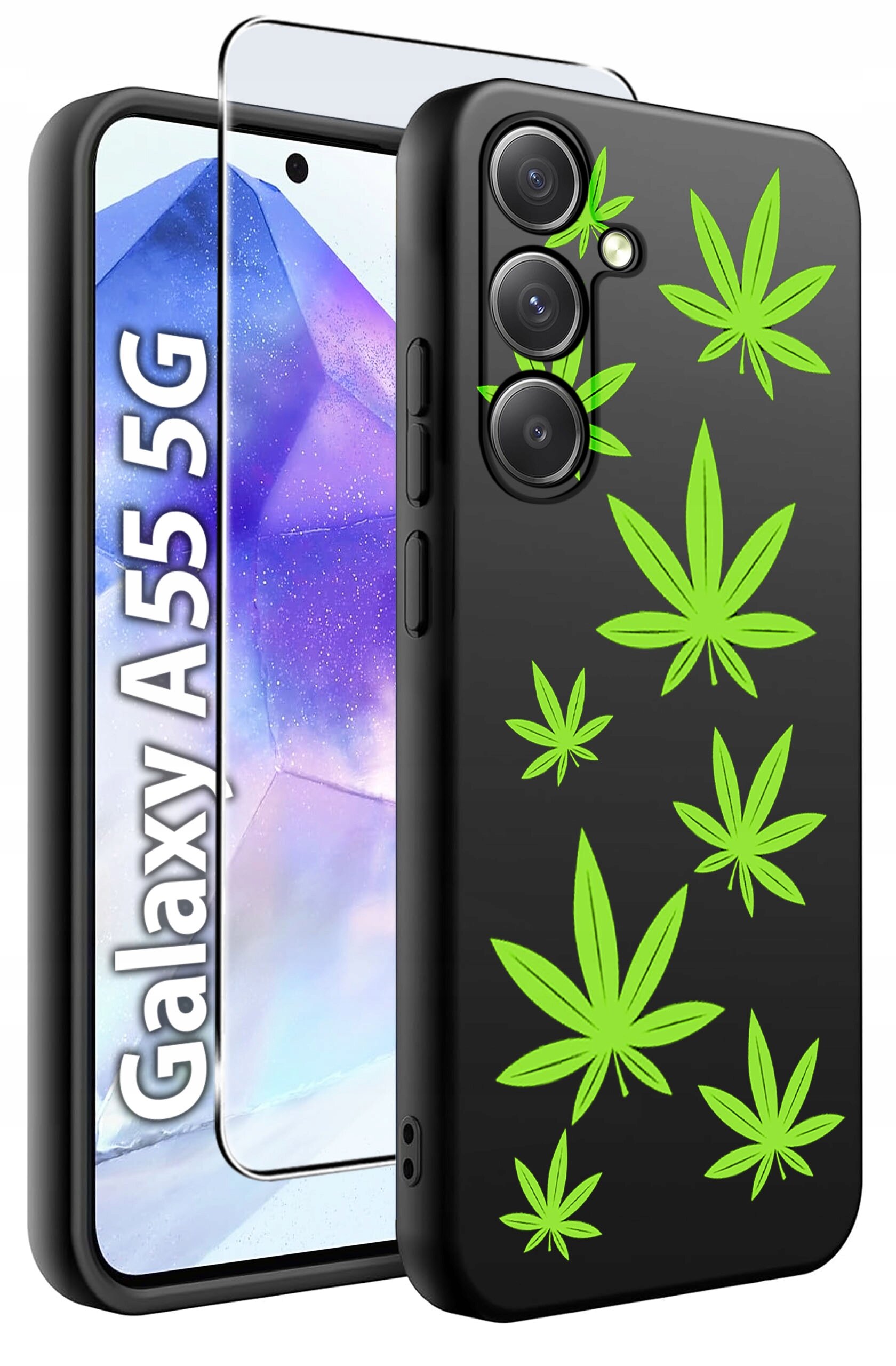 Czarne etui na telefon z zielonymi wzorami liści oraz szkło hartowane. Widoczny napis: \'Galaxy A55 5G\'.