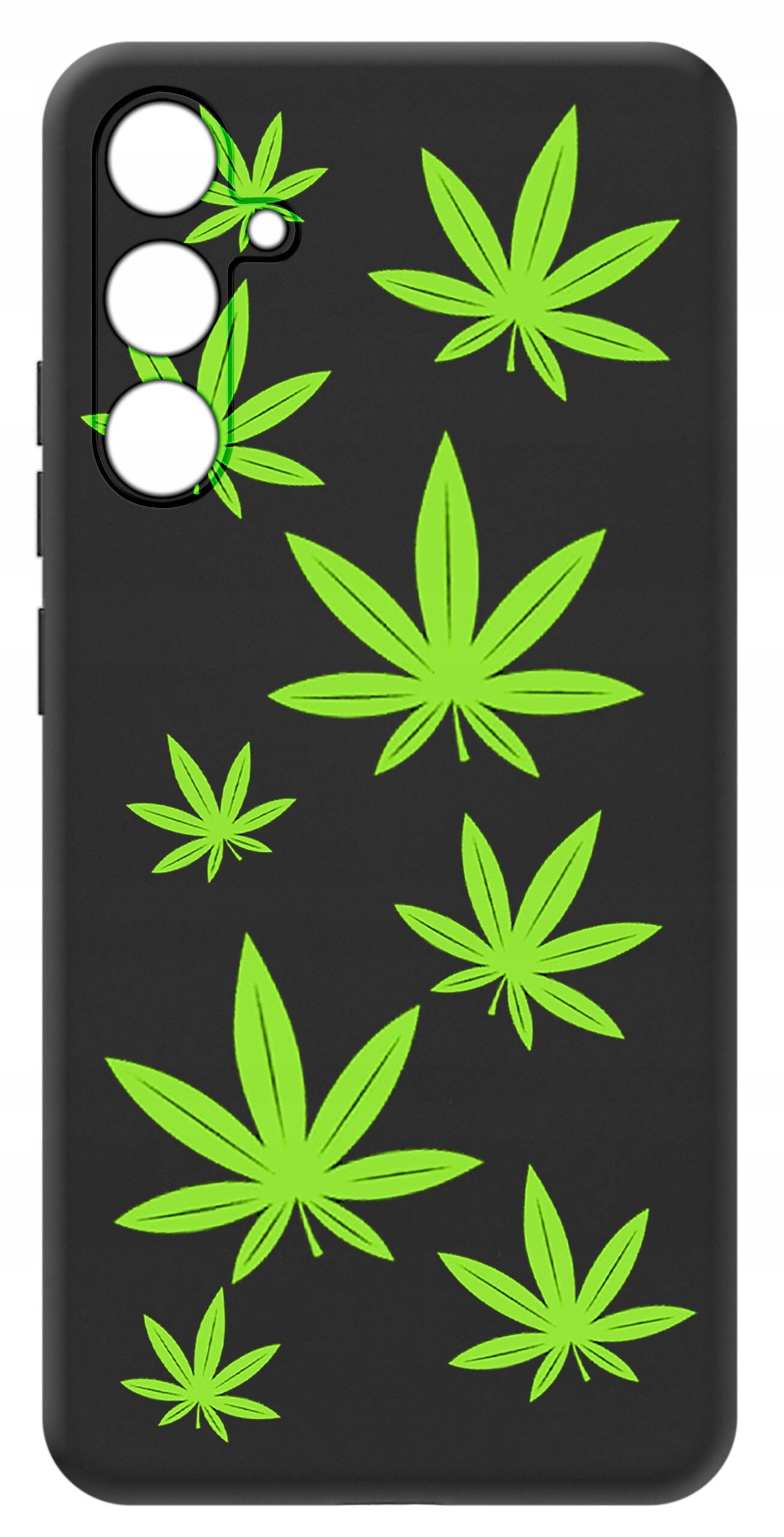 Czarne etui na telefon z zielonymi wzorami liści. Etui posiada wycięcia na trzy obiektywy aparatu.