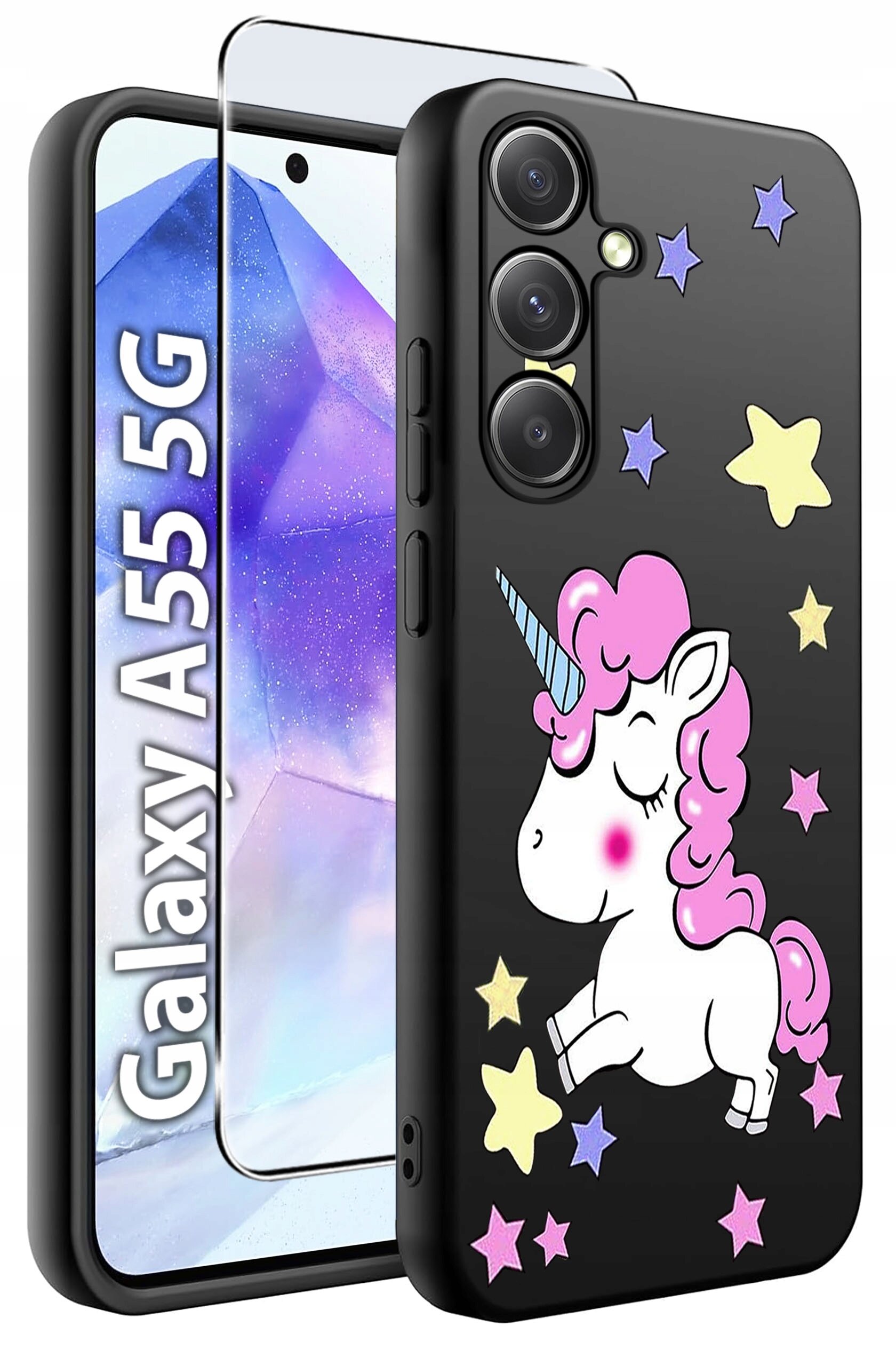 Etui na telefon z motywem jednorożca i kolorowymi gwiazdkami, obok widoczna szybka ochronna. Na ekranie telefonu napis \'Galaxy A55 5G\'.