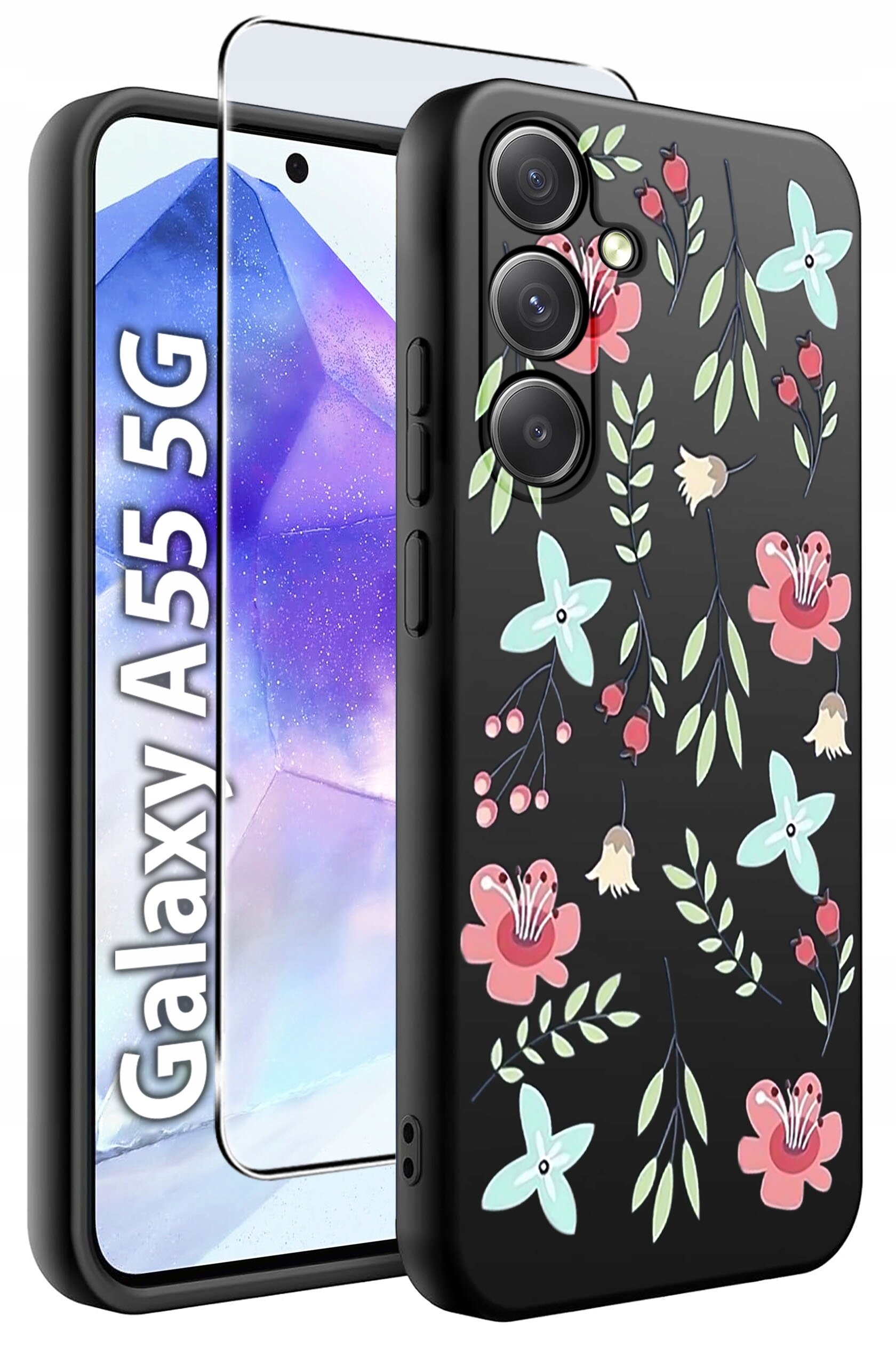 Etui na telefon z kolorowym wzorem kwiatowym, obok którego znajduje się szkło hartowane. Widoczny napis: \'Galaxy A55 5G\'.
