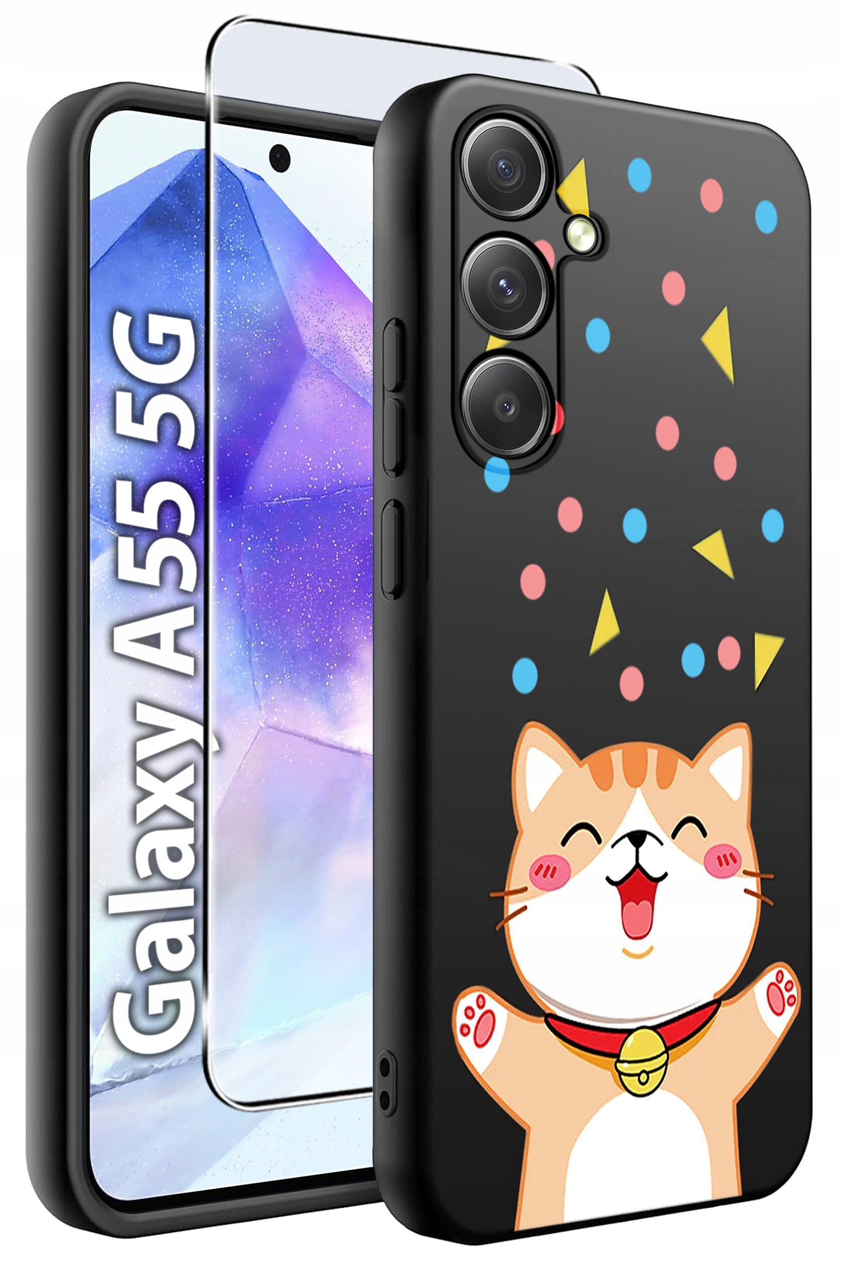 Obraz przedstawia czarne etui na telefon z rysunkiem uśmiechniętego kota i kolorowymi kształtami. Obok etui widoczny jest telefon z napisem \'Galaxy A55 5G\' oraz szkło hartowane.