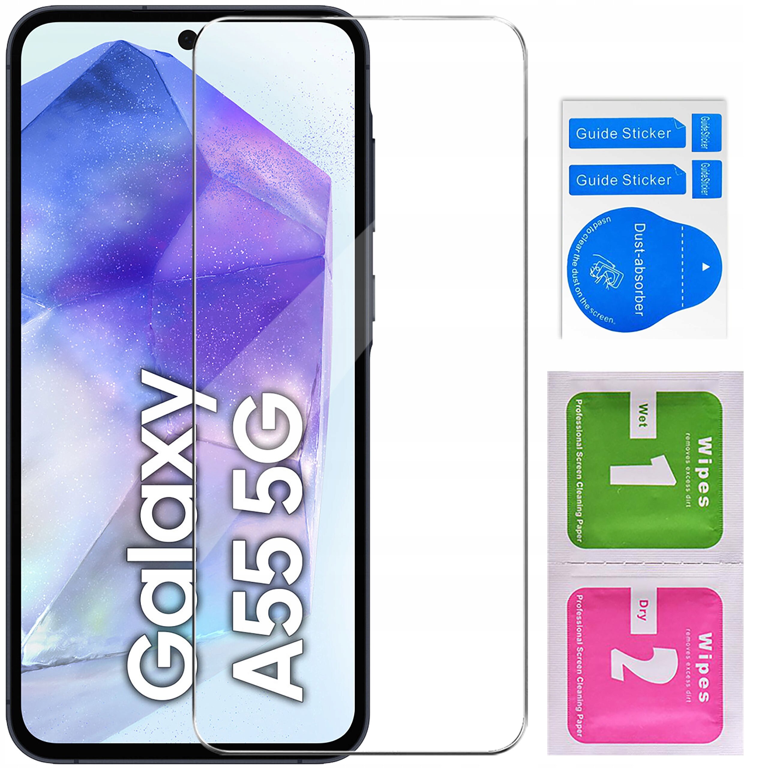 Obraz przedstawia telefon z nałożonym szkłem hartowanym, na ekranie widoczny napis \'Galaxy A55 5G\'. Obok znajdują się naklejki \'Guide Sticker\', \'Dust-absorber\' oraz chusteczki \'Wet 1\' i \'Dry 2\'.