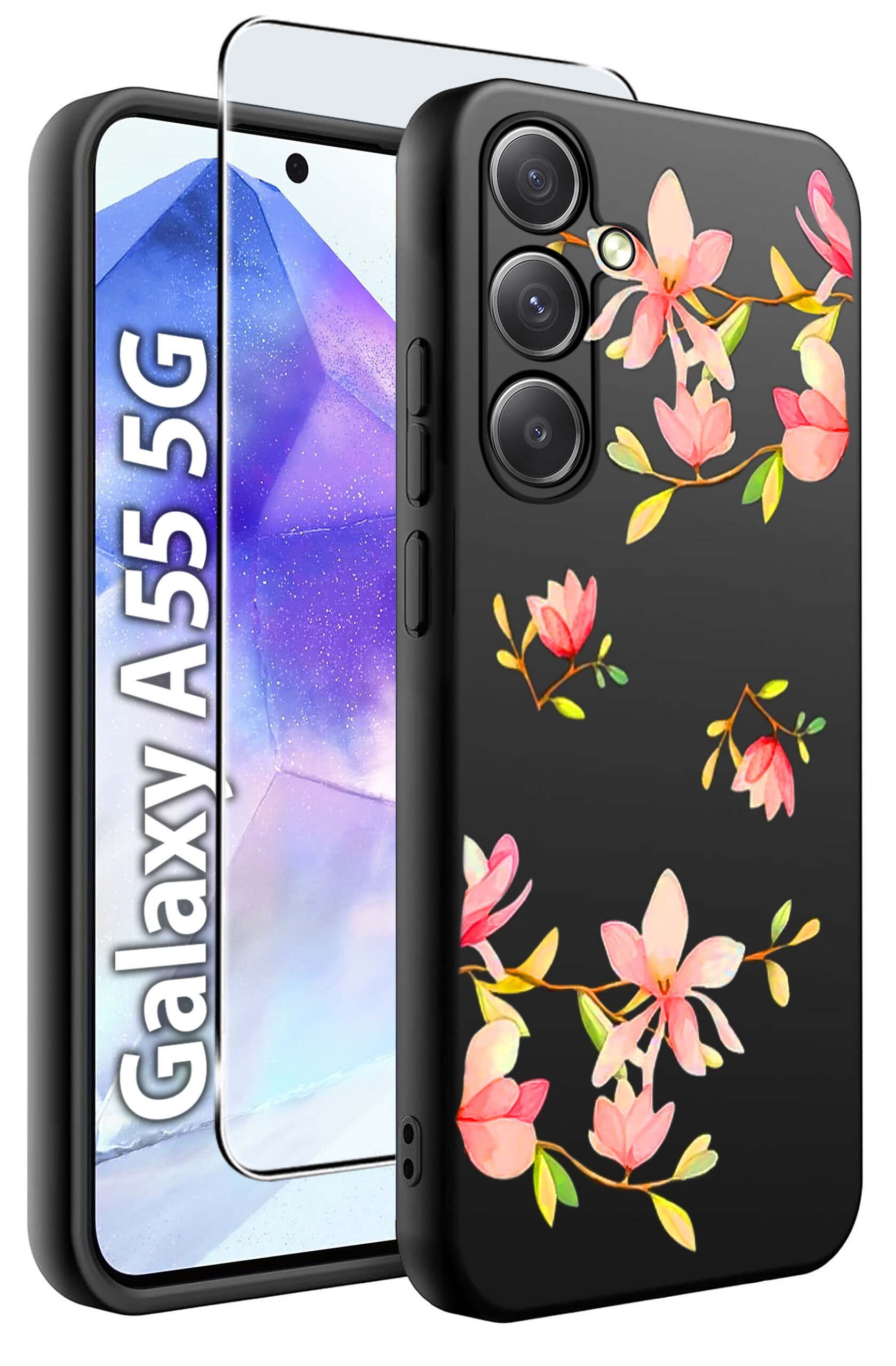 Obraz przedstawia czarne etui na telefon z kolorowym wzorem kwiatowym oraz szkło hartowane. Na ekranie telefonu widoczny jest napis \'Galaxy A55 5G\'.