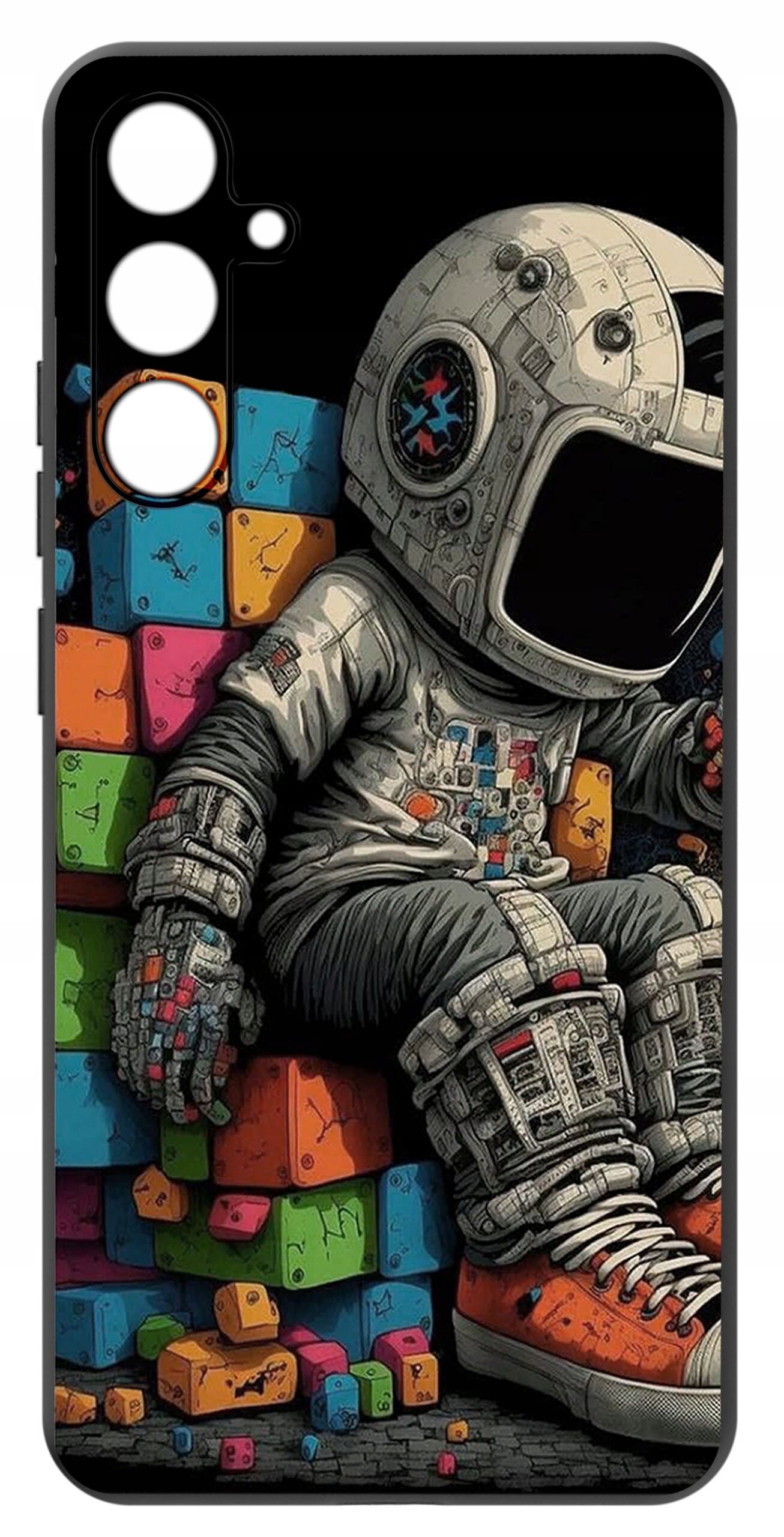 Etui na telefon z kolorowym nadrukiem przedstawiającym astronautę siedzącego na stosie kolorowych klocków. Astronauta ma na sobie szczegółowy skafander i pomarańczowe buty.