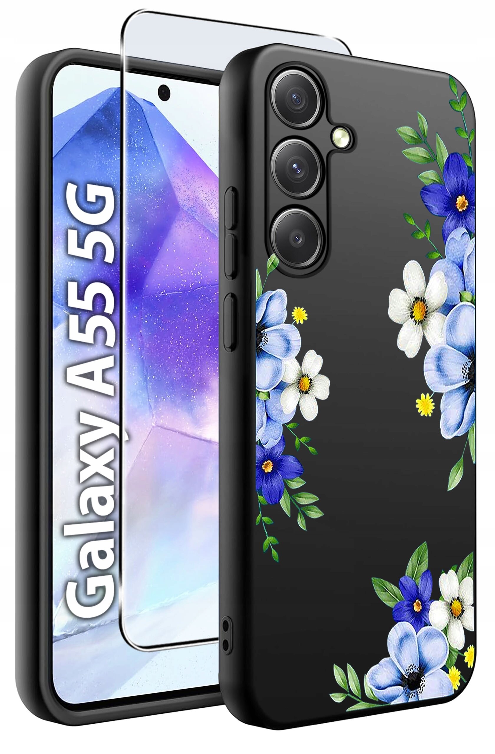 Obraz przedstawia czarne etui na telefon z kwiatowym wzorem w odcieniach niebieskiego i białego. Obok etui widoczny jest telefon z napisem \'Galaxy A55 5G\' oraz szkło hartowane.