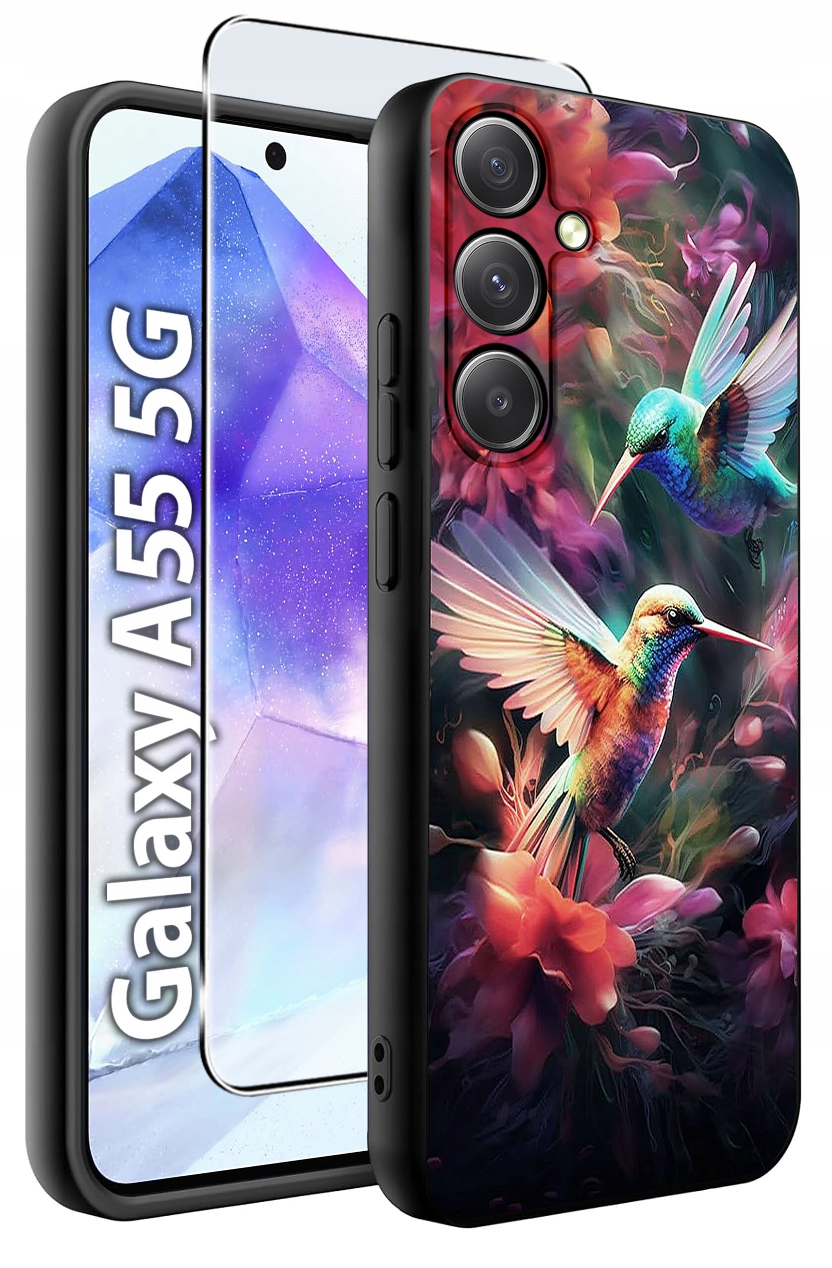 Obraz przedstawia etui na telefon z kolorowym wzorem kolibrów i kwiatów. Obok etui widoczna jest szybka ochronna oraz napis \'Galaxy A55 5G\'.