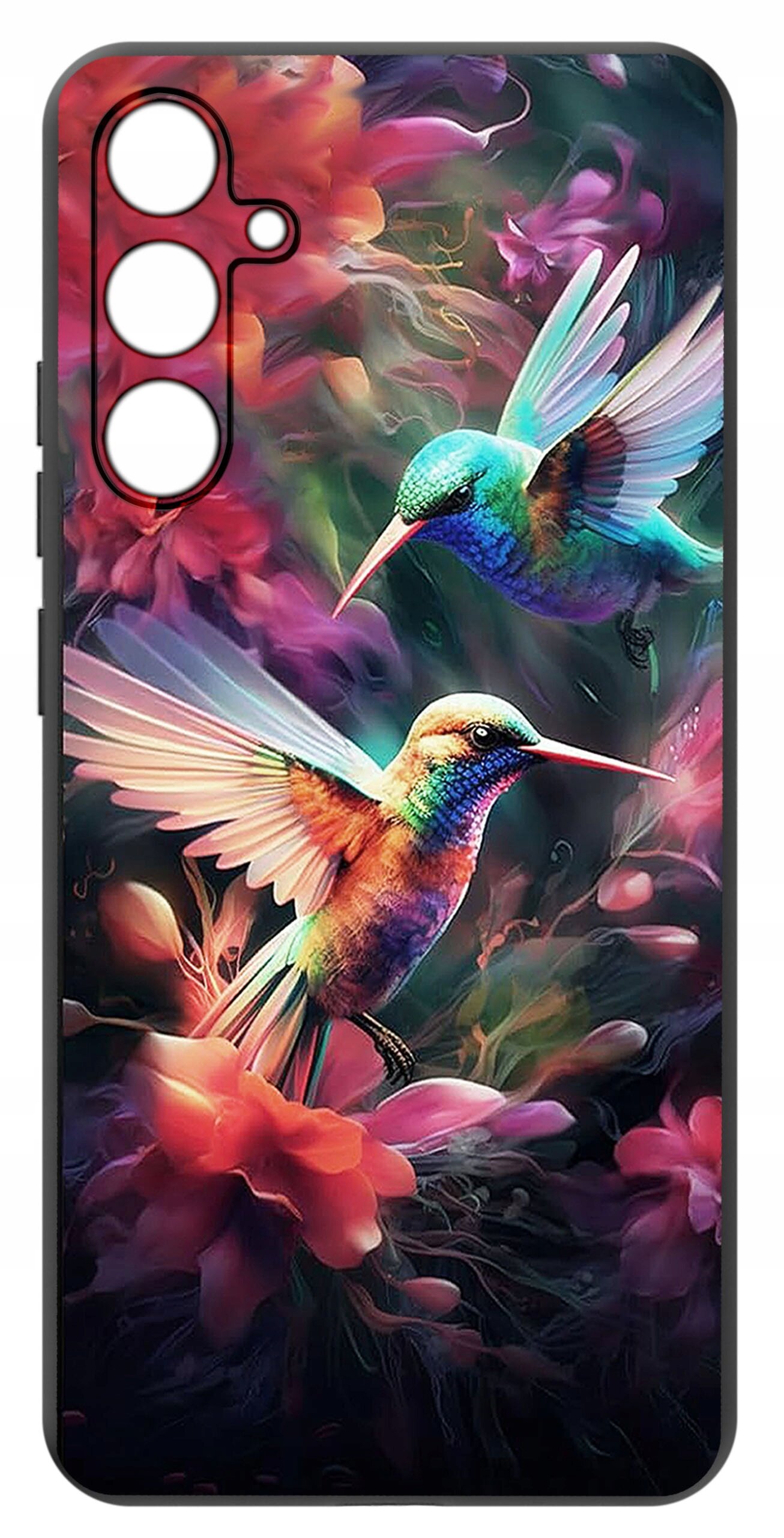 Etui na telefon z kolorowym wzorem przedstawiającym dwa kolibry wśród kwiatów. Tło jest pełne intensywnych barw, takich jak różowy, fioletowy i zielony.