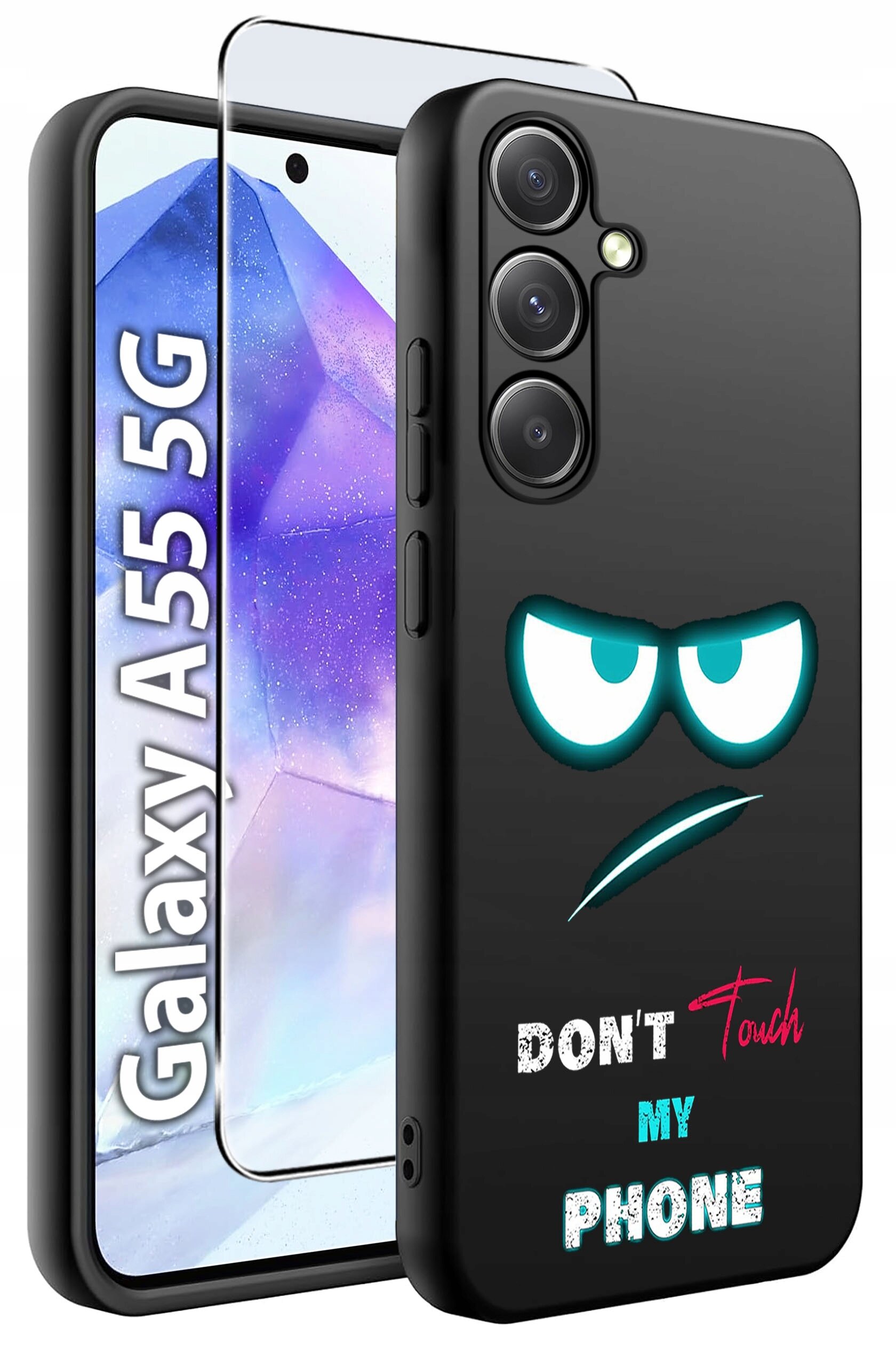 Obraz przedstawia czarne etui na telefon z nadrukiem gniewnej twarzy i napisem \'DON\'T Touch MY PHONE\'. Obok etui widoczny jest telefon z napisem \'Galaxy A55 5G\' oraz szkło hartowane.