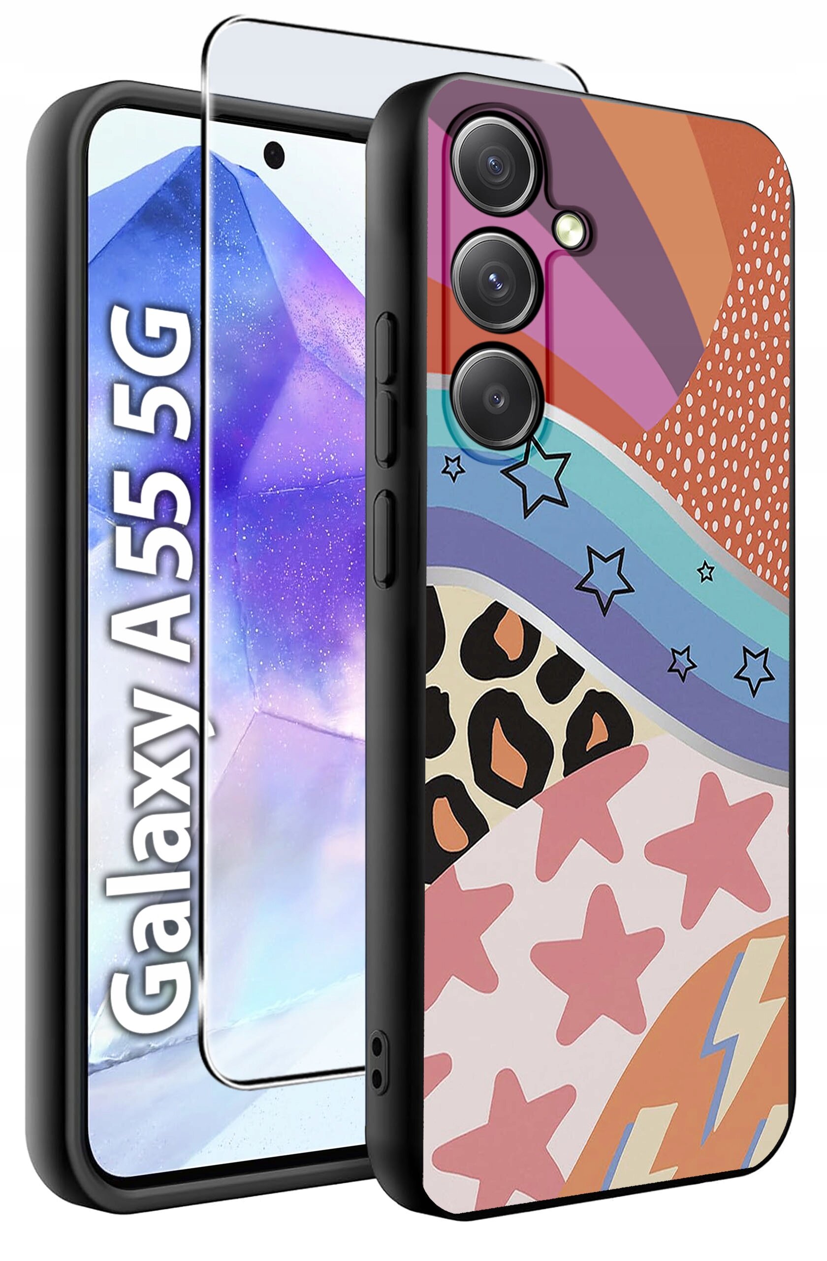 Obraz przedstawia etui na telefon z kolorowym wzorem zawierającym gwiazdy, paski i motywy zwierzęce. Obok etui widoczny jest telefon z napisem \'Galaxy A55 5G\' oraz szkło hartowane.