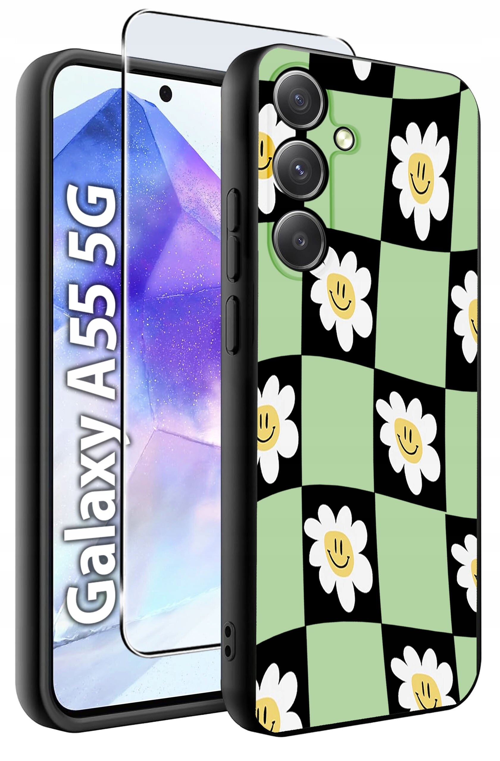 Etui na telefon z wzorem w kratkę z kwiatami i uśmiechniętymi buźkami, obok szkło hartowane. Widoczny napis: \'Galaxy A55 5G\'.