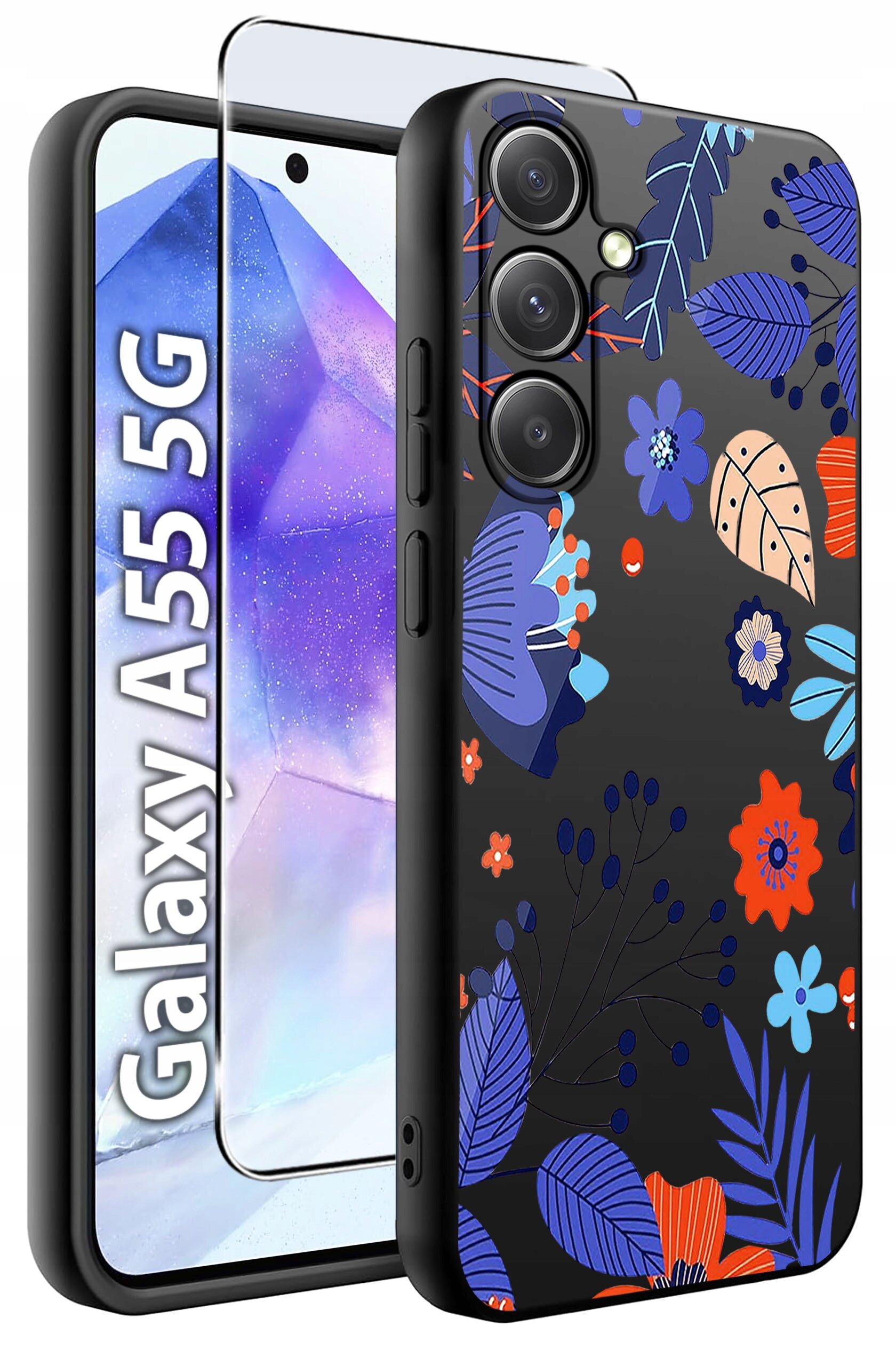 Obraz przedstawia etui na telefon z kolorowym wzorem kwiatowym oraz szkło hartowane. Na ekranie telefonu widoczny jest napis \'Galaxy A55 5G\'.