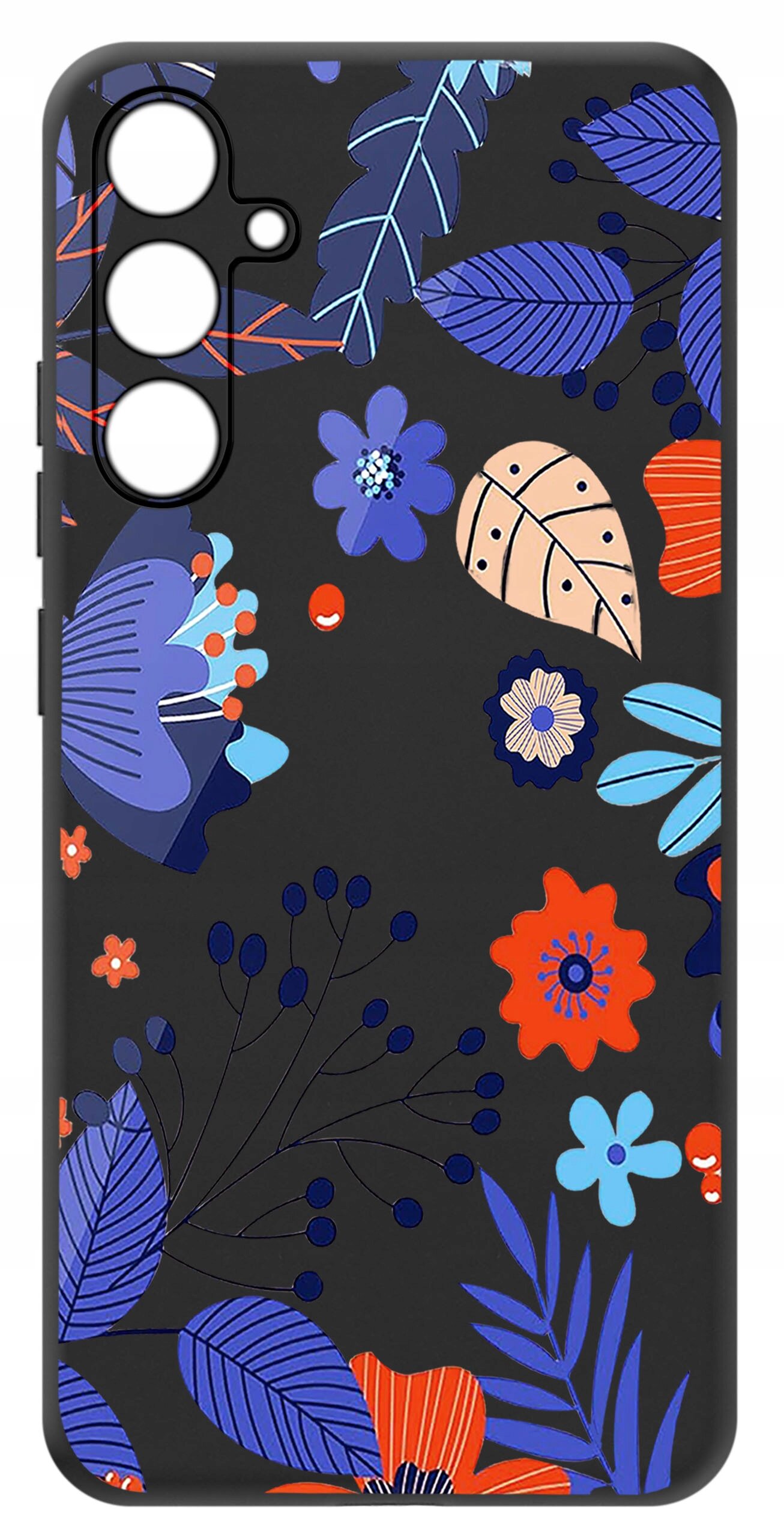 Etui na telefon z kolorowym wzorem roślinnym, zawierającym liście i kwiaty w odcieniach niebieskiego, pomarańczowego i fioletowego na czarnym tle.