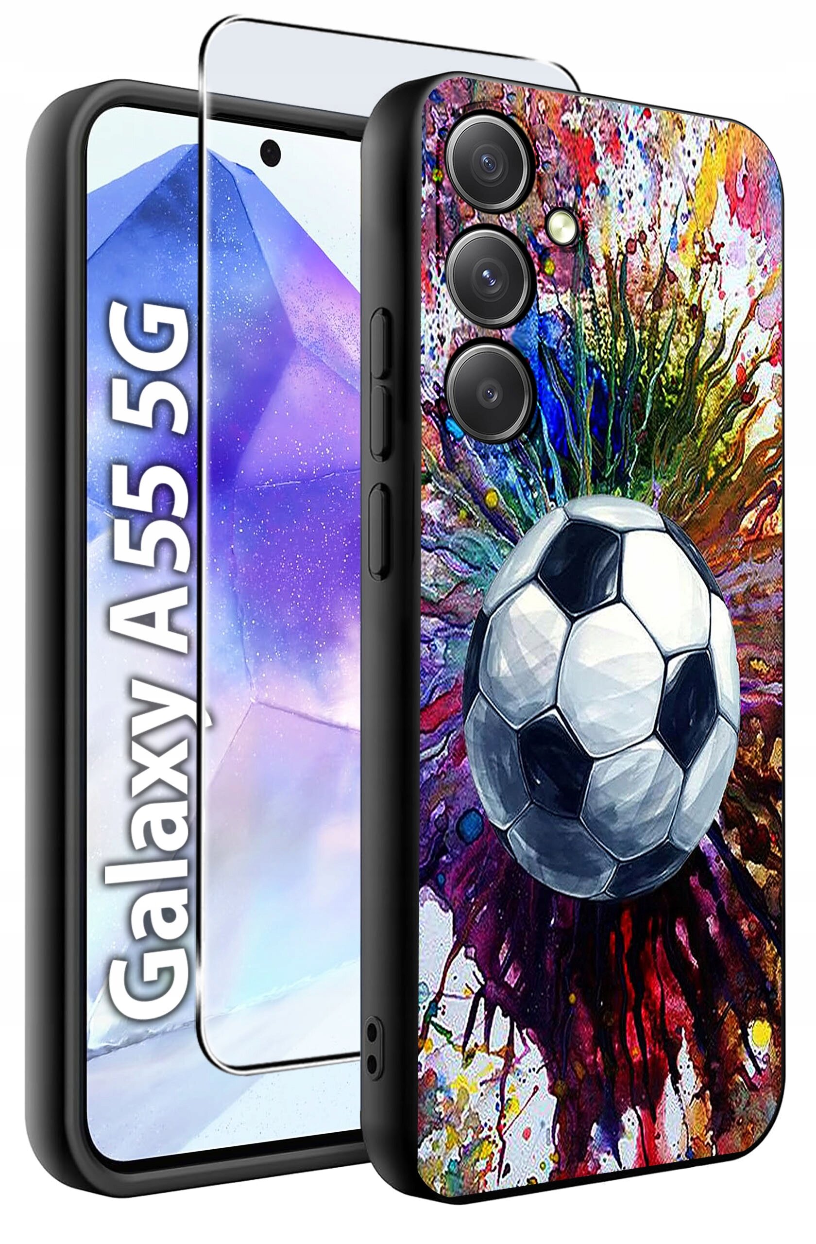 Etui na telefon z kolorowym wzorem piłki nożnej oraz szkło hartowane. Obok widoczny napis \'Galaxy A55 5G\'.