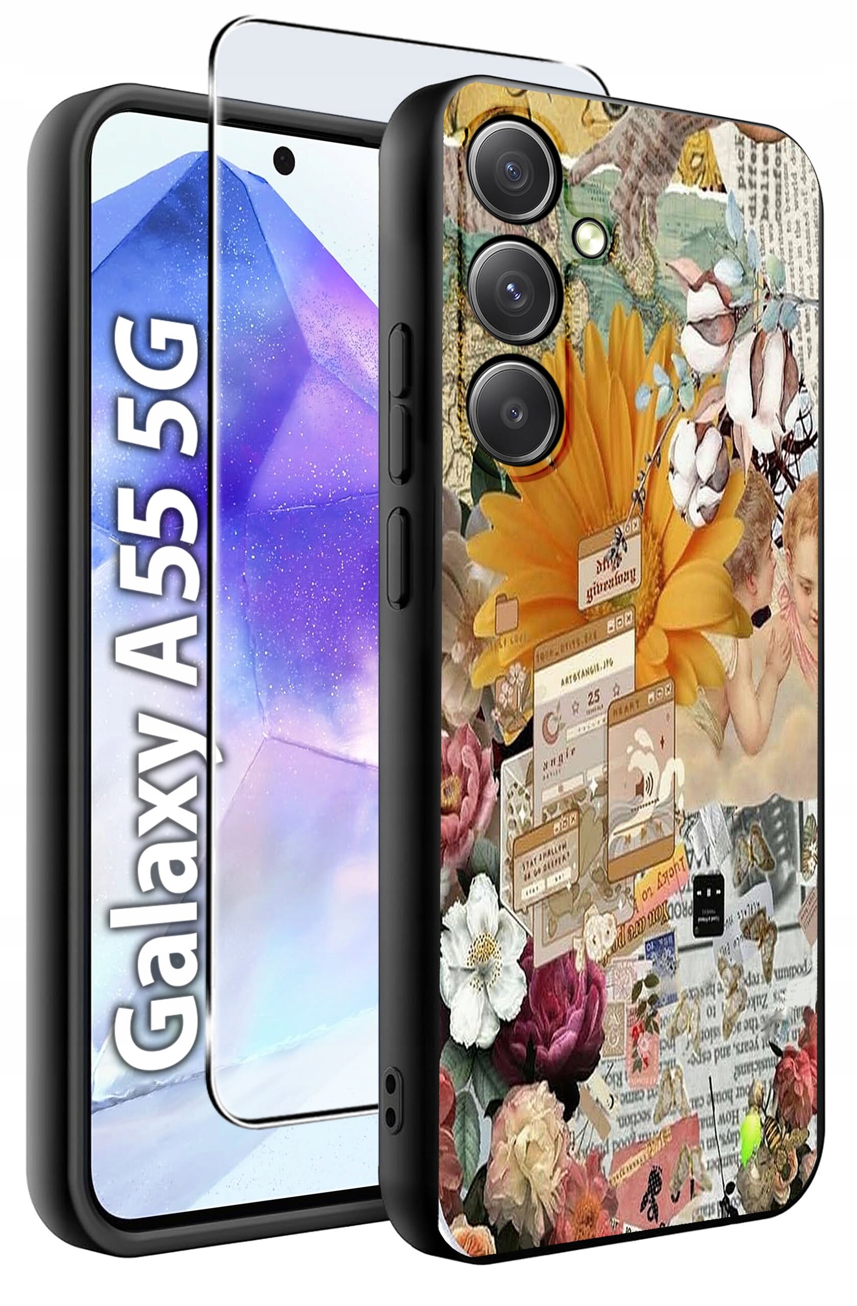 Obraz przedstawia etui na telefon z kolorowym, kwiatowym wzorem oraz szkło hartowane. Na ekranie telefonu widoczny jest napis \'Galaxy A55 5G\'.