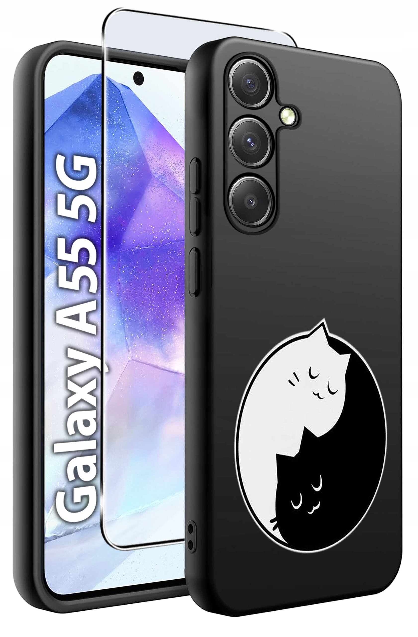 Obraz przedstawia czarne etui na telefon z grafiką dwóch kotów w stylu yin-yang. Obok etui widoczny jest telefon z napisem \'Galaxy A55 5G\' oraz szkło hartowane.